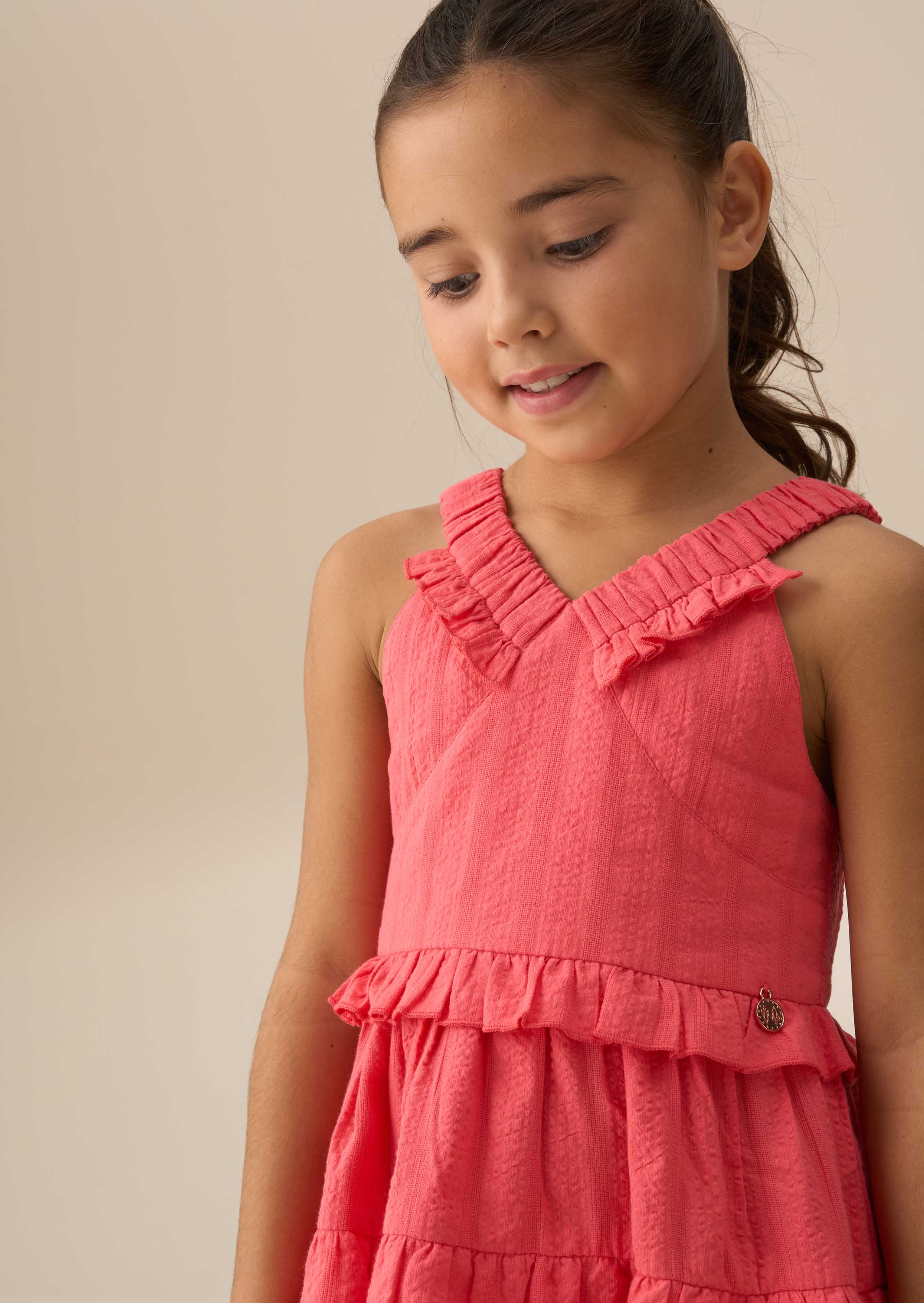 Midi Girl Coral Tiered Frill Dress