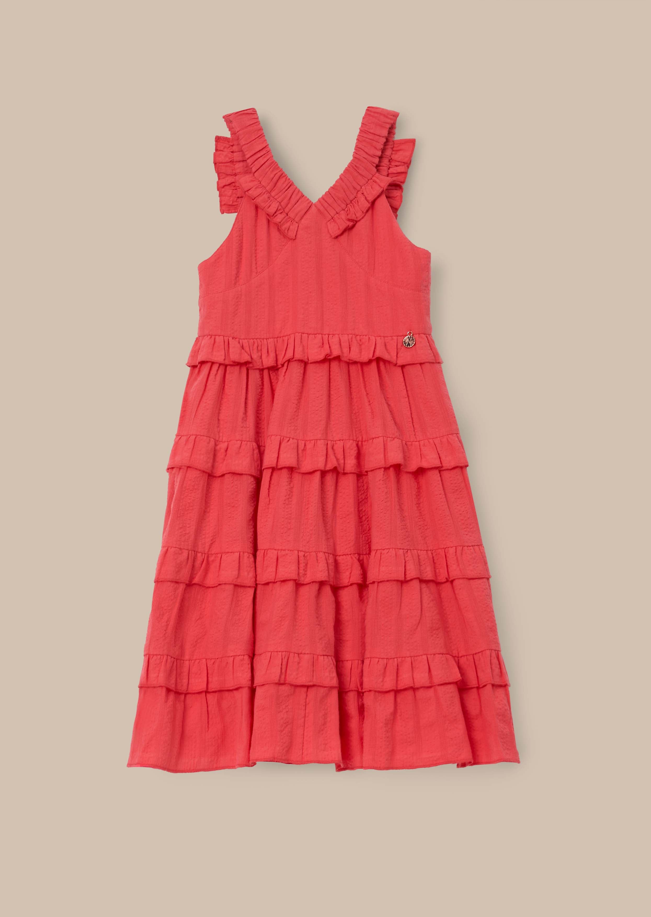 Tiered Coral Dress With Sleeves