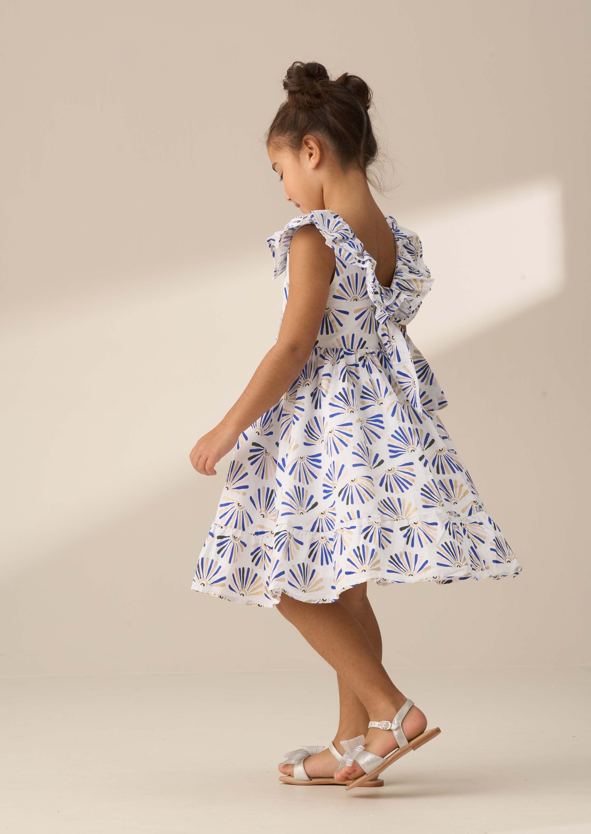 maxi girl blue frill neck print dress