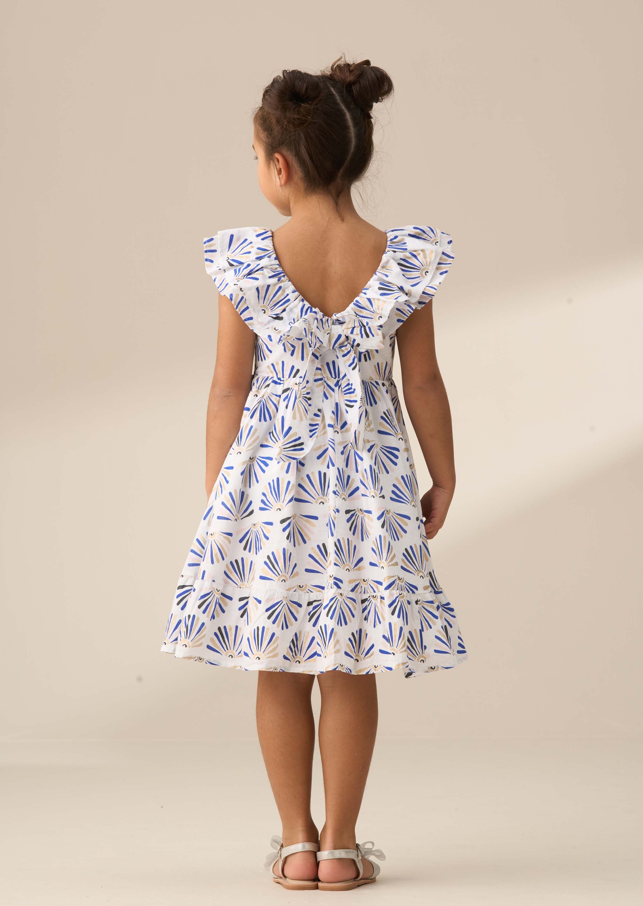 casual girl blue frill neck print dress