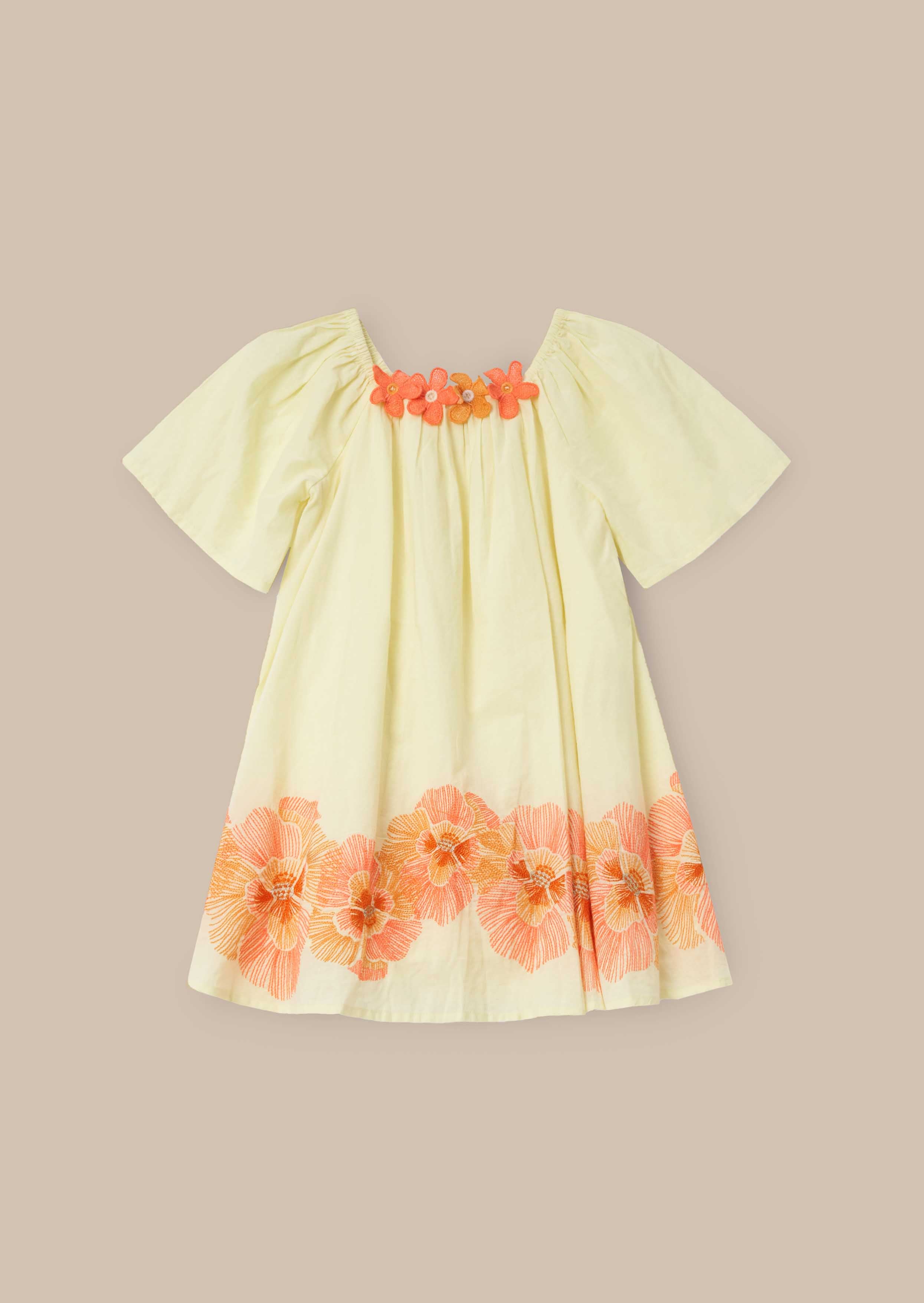 Cotton Yellow Embroidered Swing Dress
