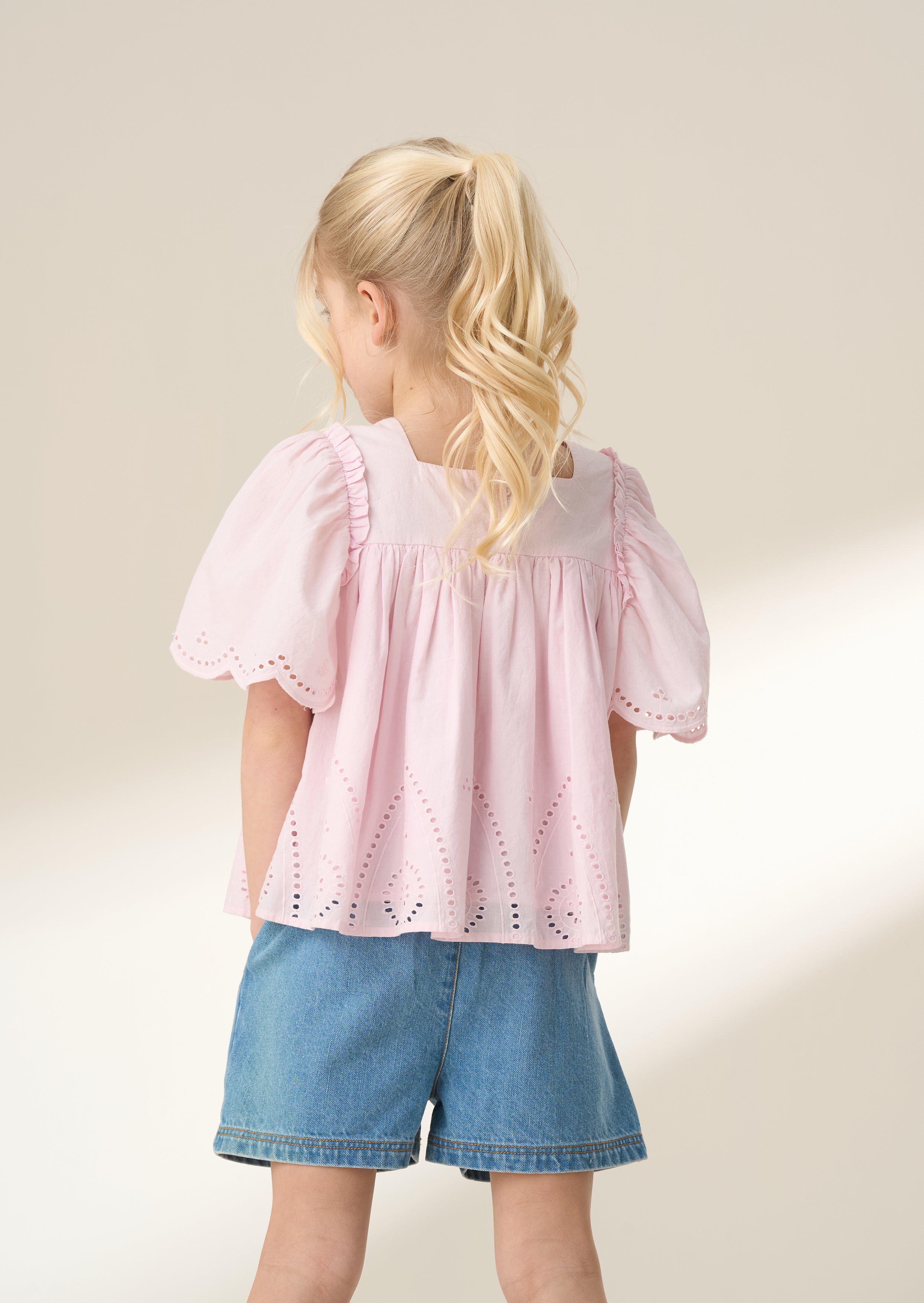 Short Sleeve Girl Pink Woven Cotton Top