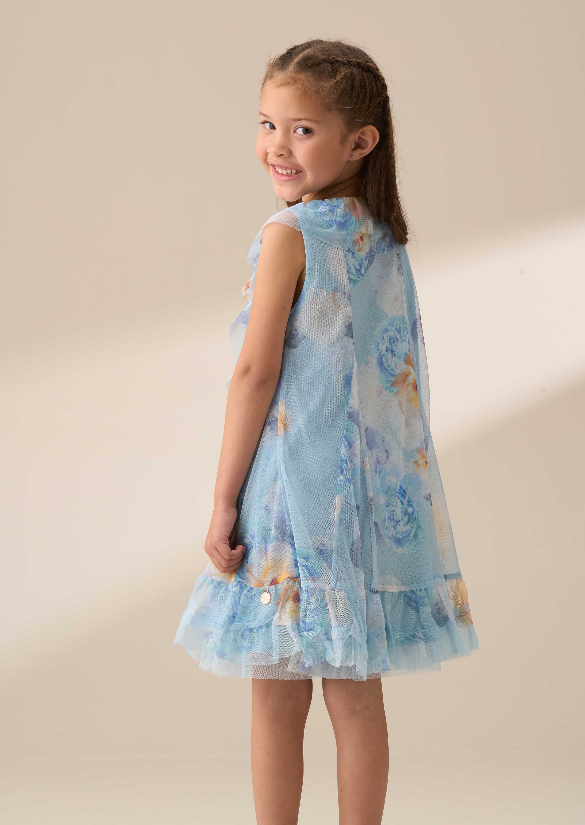 mini girl blue printed frill mesh dress