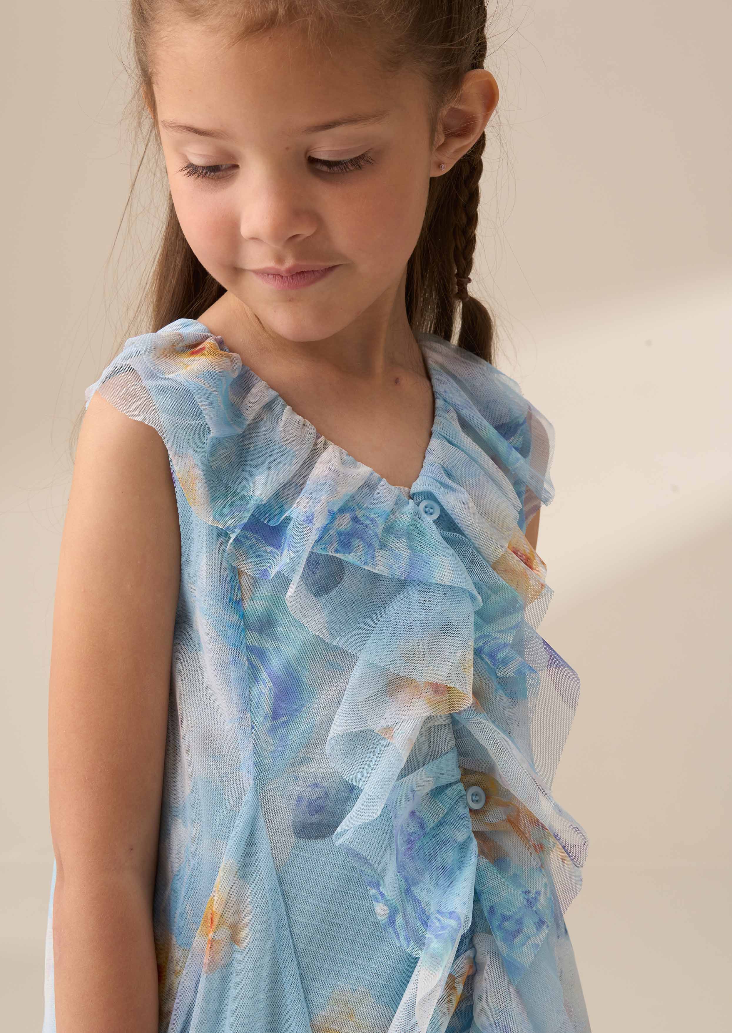 maxi girl blue printed frill mesh dress