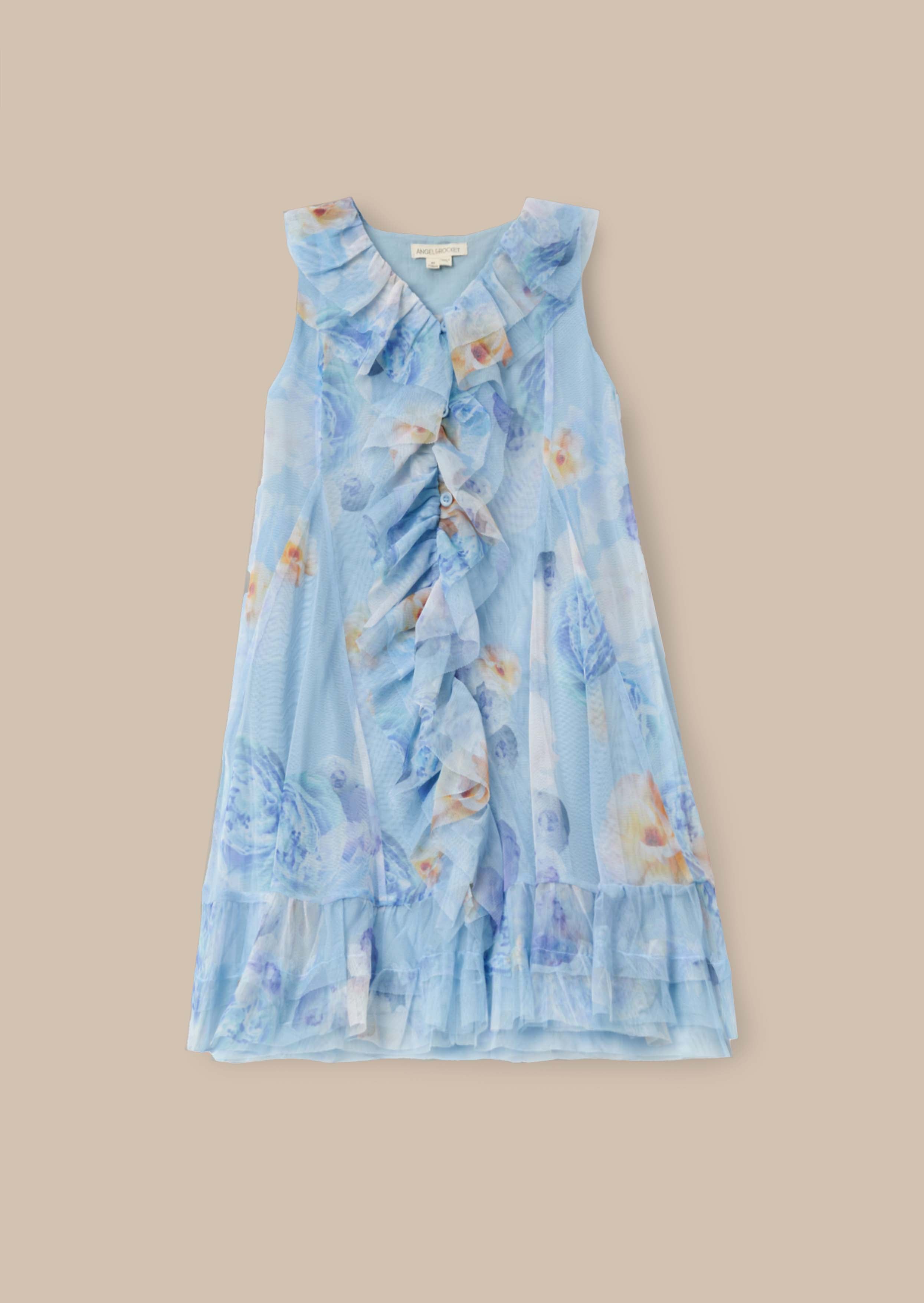 midi girl blue printed frill mesh dress