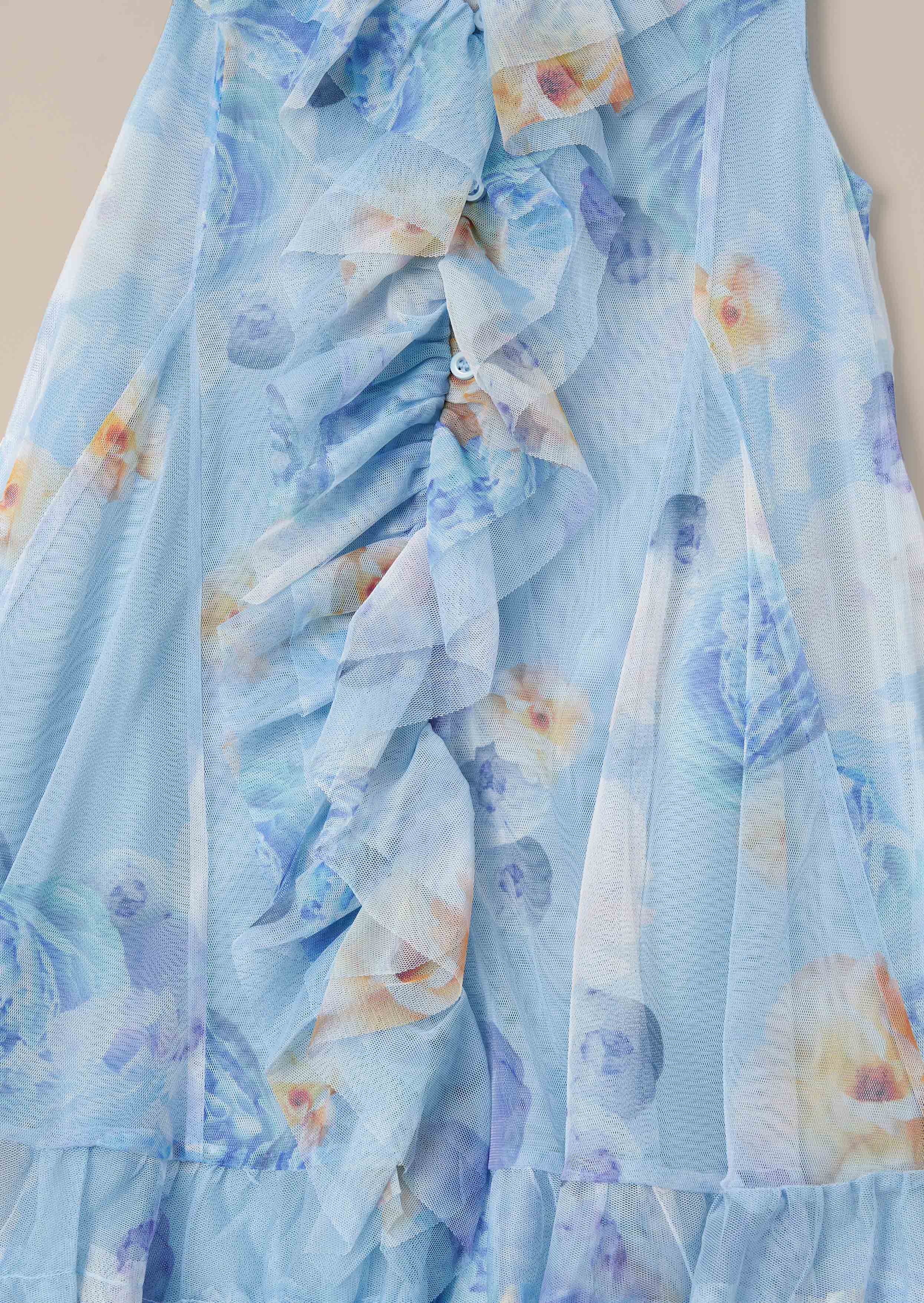 buy online Blue Printed Frill Mesh Dress