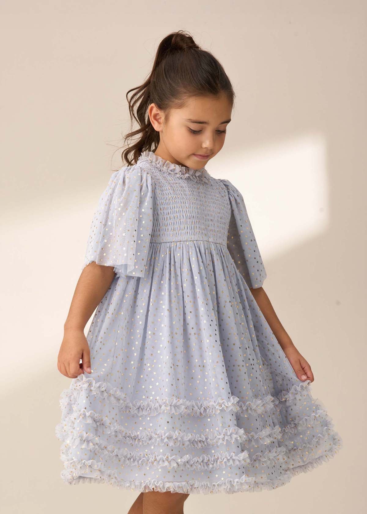 Girl Blue Foil Print Mesh Dress