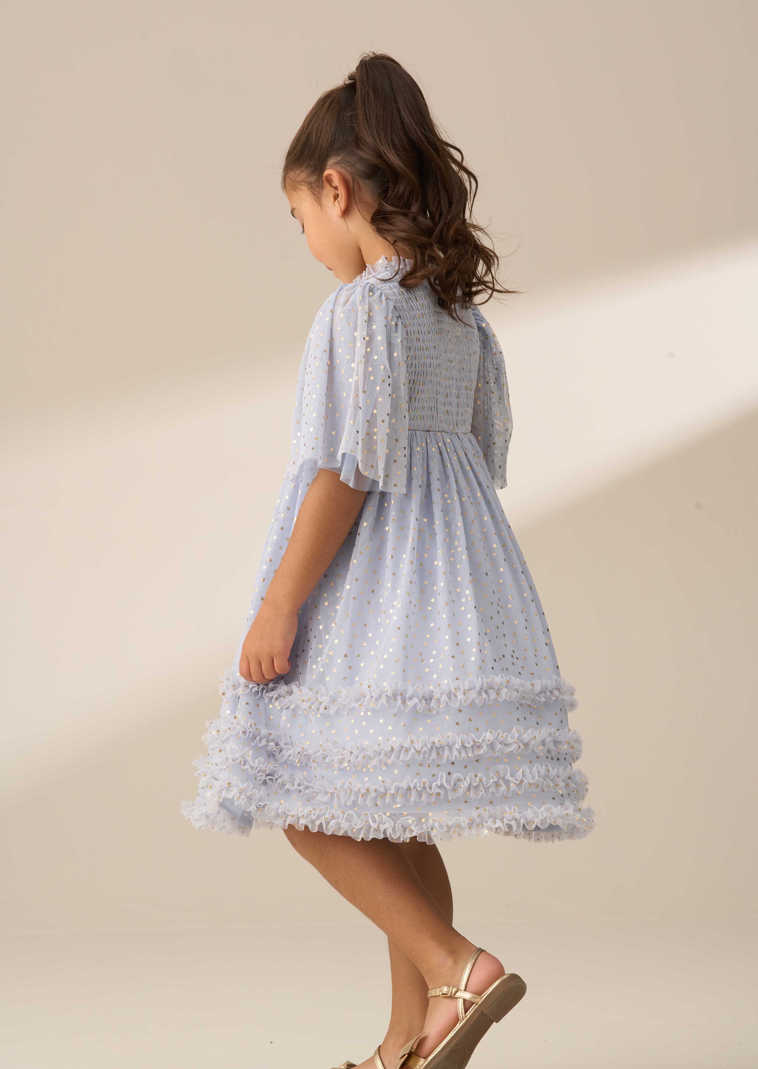 Maxi Girl Blue Foil Print Mesh Dress