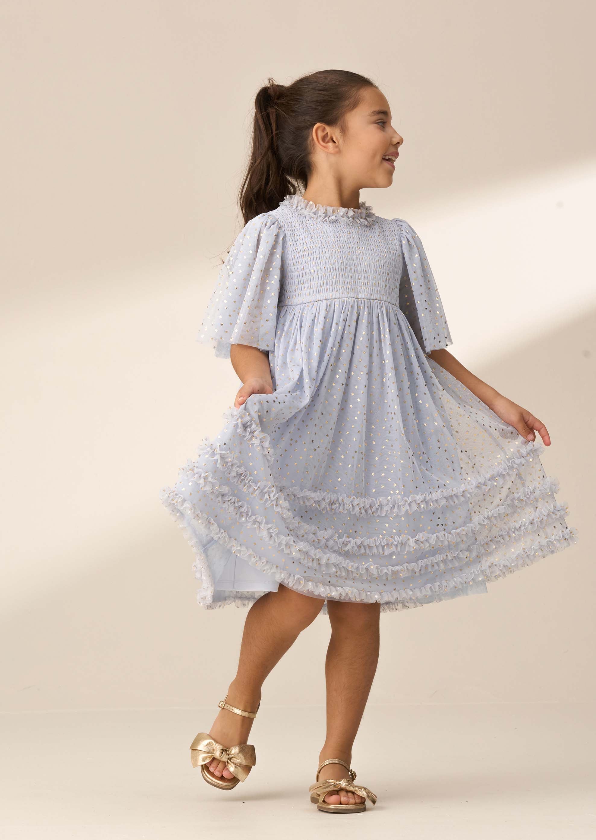 Midi Girl Blue Foil Print Mesh Dress
