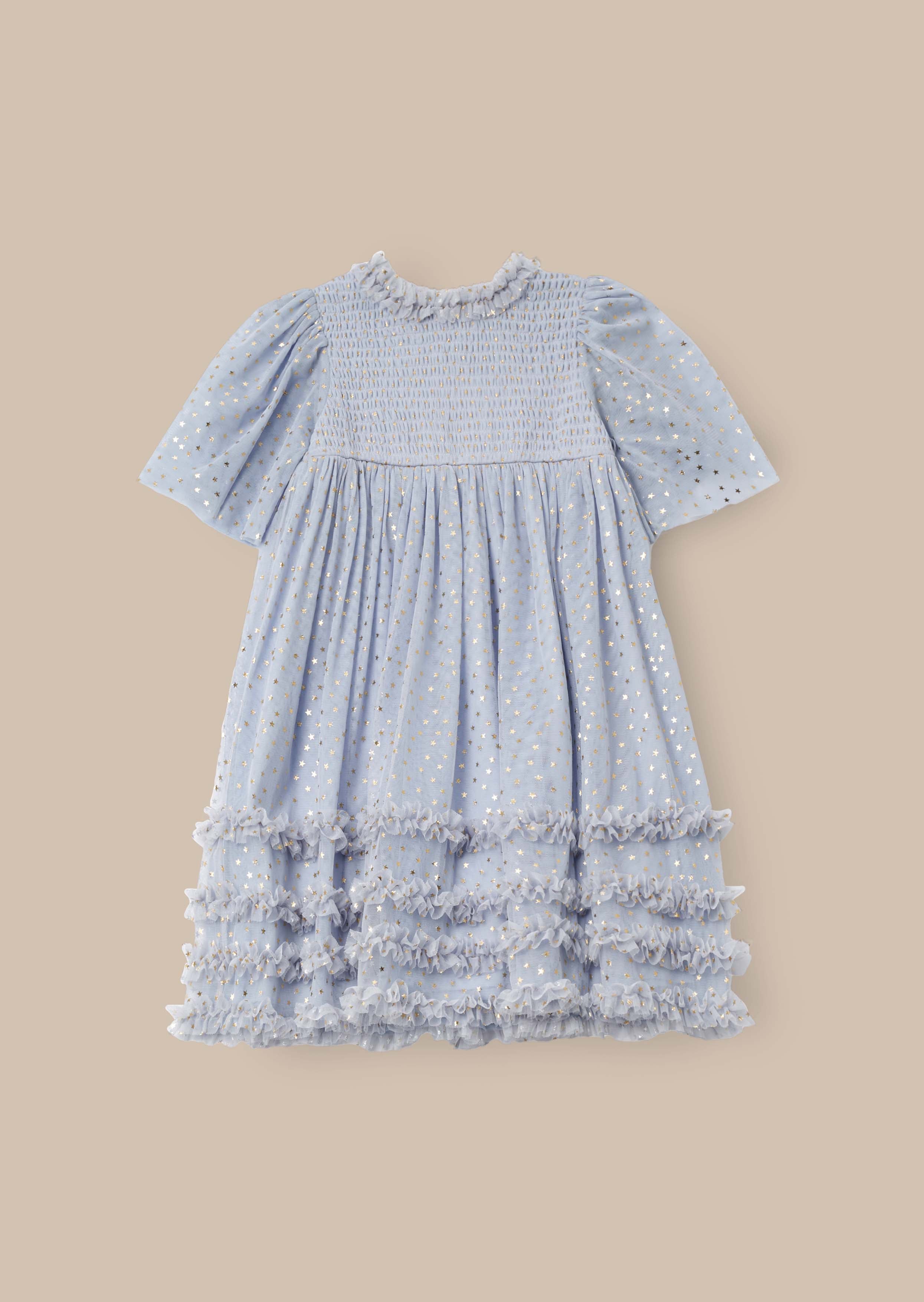 Short Sleeve Blue Foil Print Mesh Dress