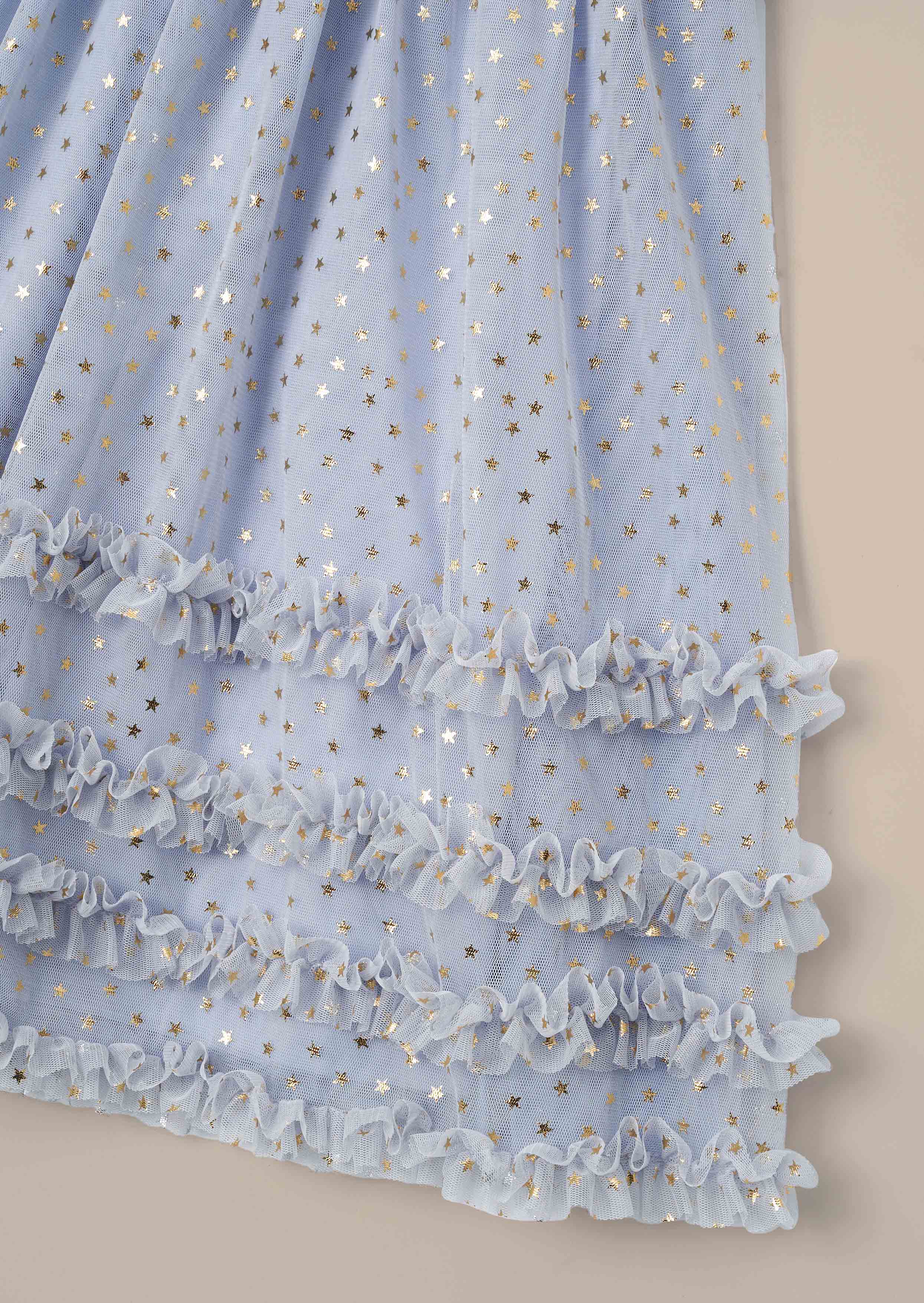 Buy Online Girl Blue Foil Print Mesh Dress