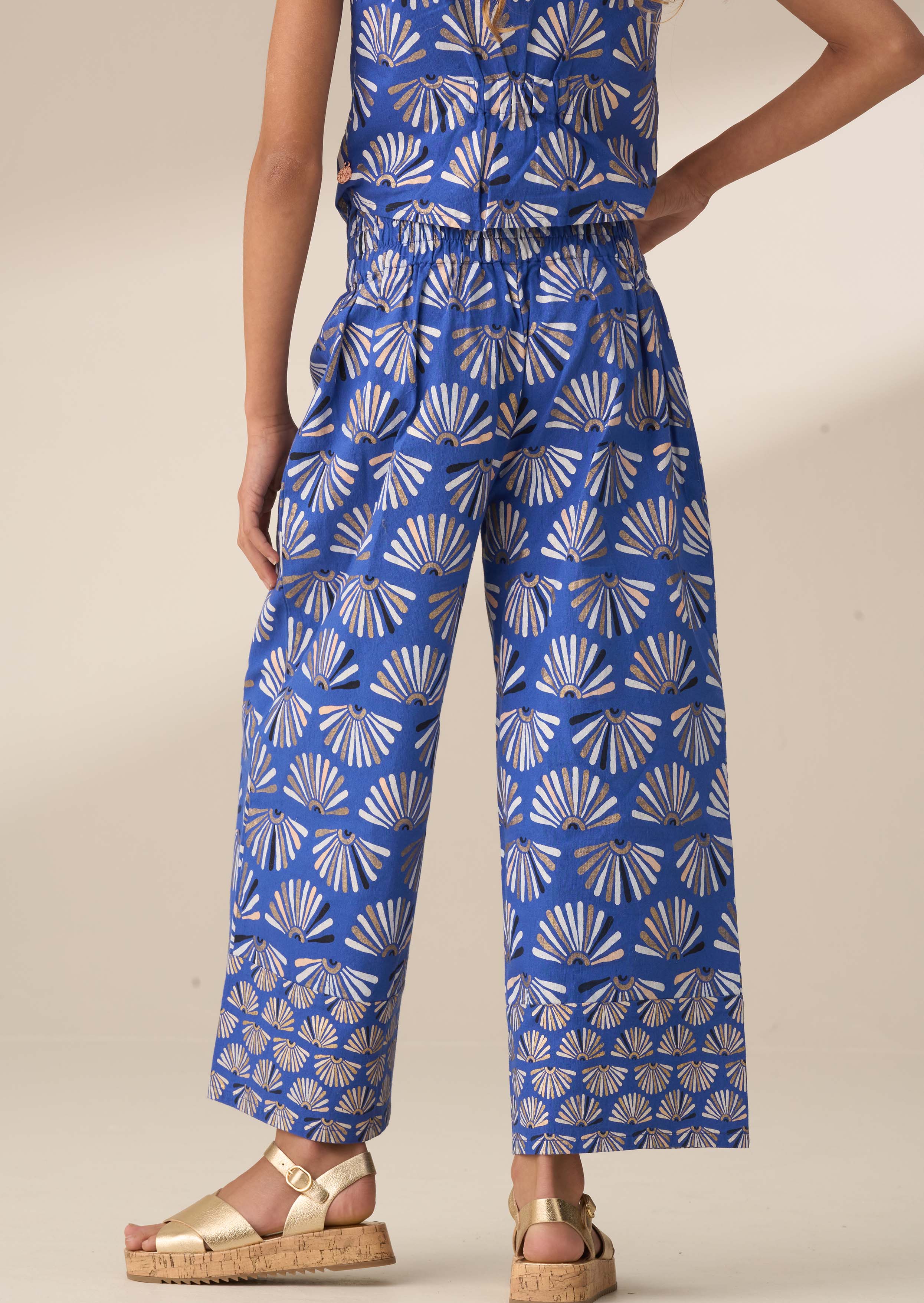 Wide Leg Girl Blue Printed Linen Trousers