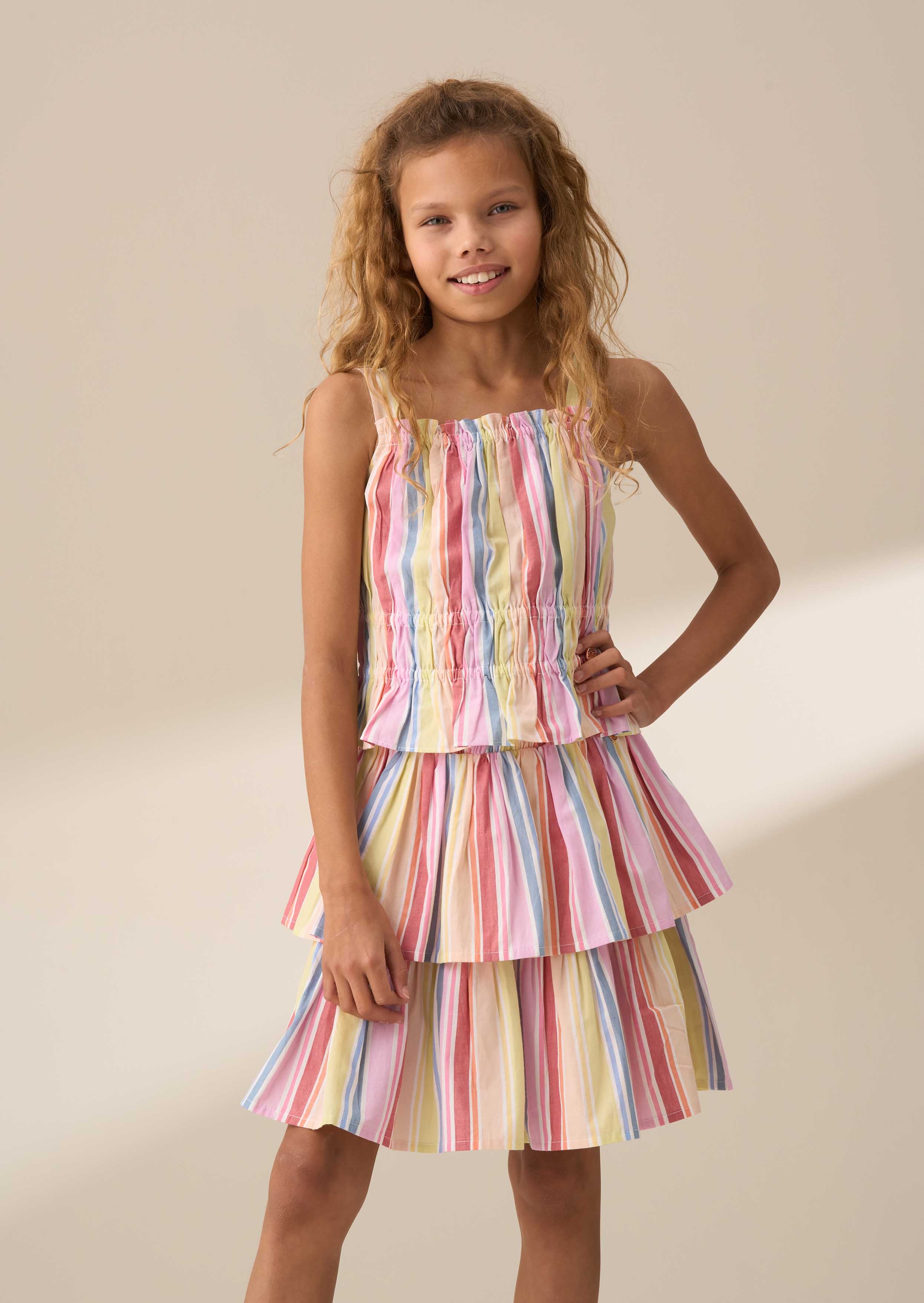 mid length girl multi stripe tiered skirt