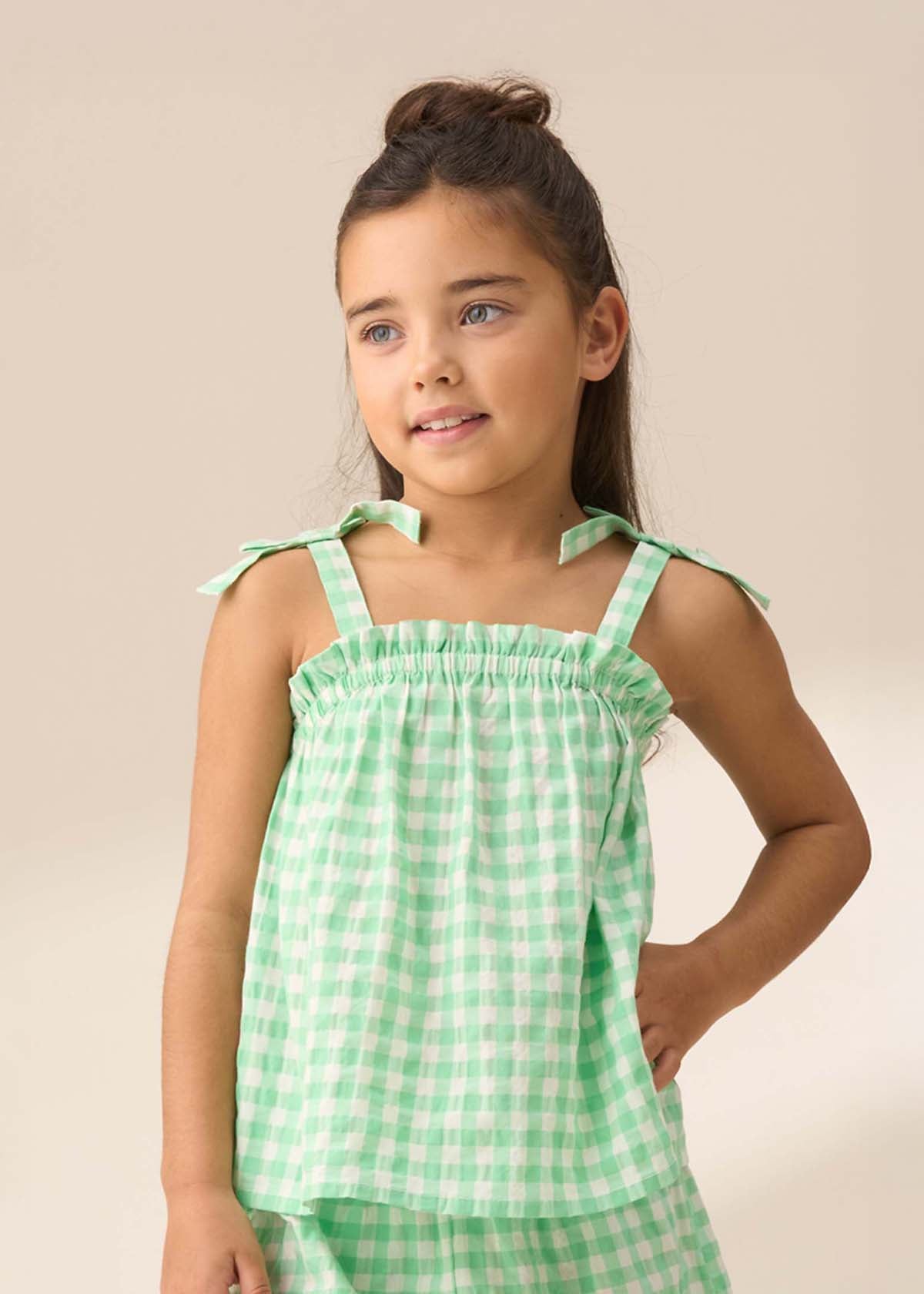 Girl Green Gingham Shirred Top