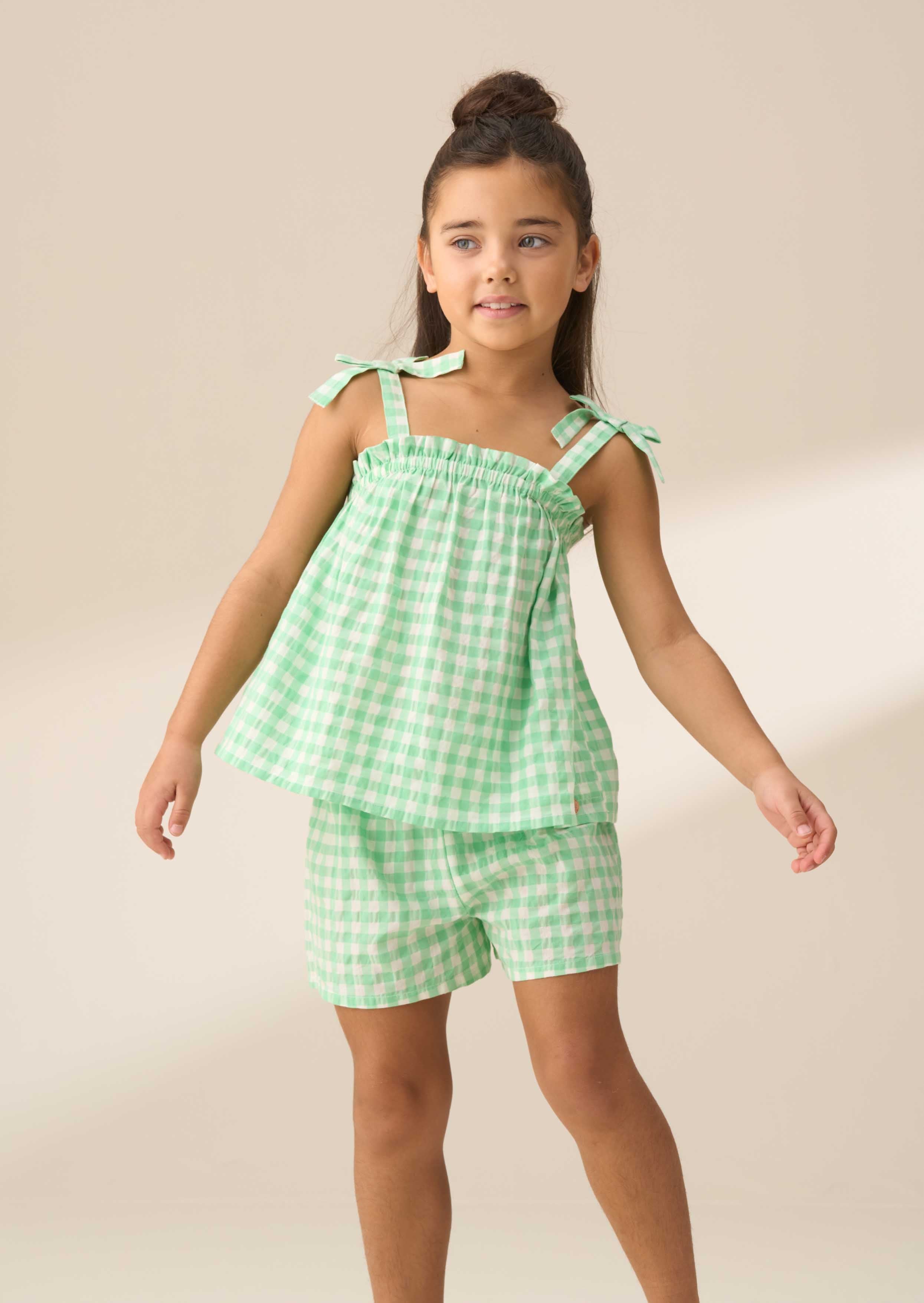 Midi Girl Green Gingham Shirred Top