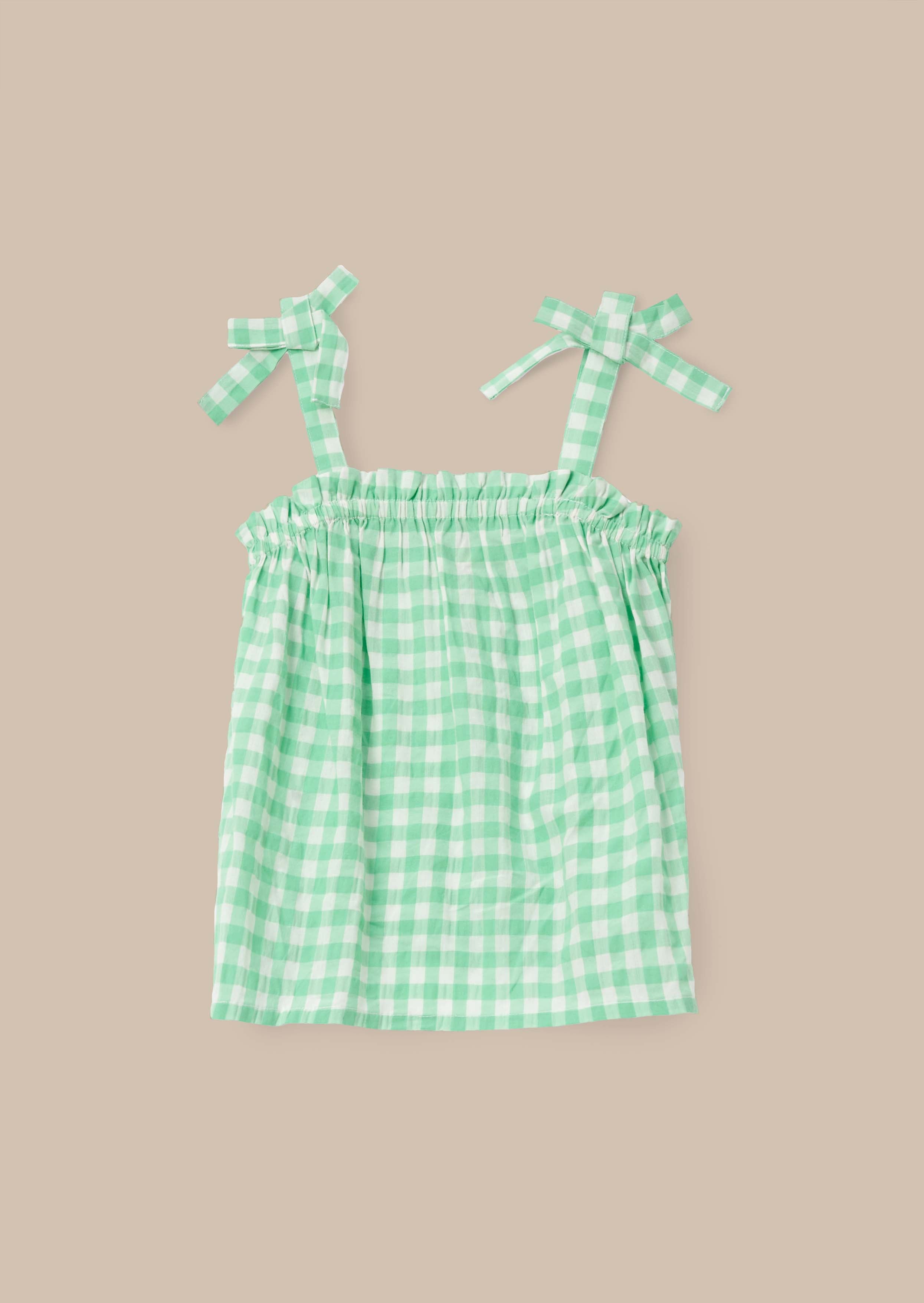 Sleeveless Green Gingham Shirred Top