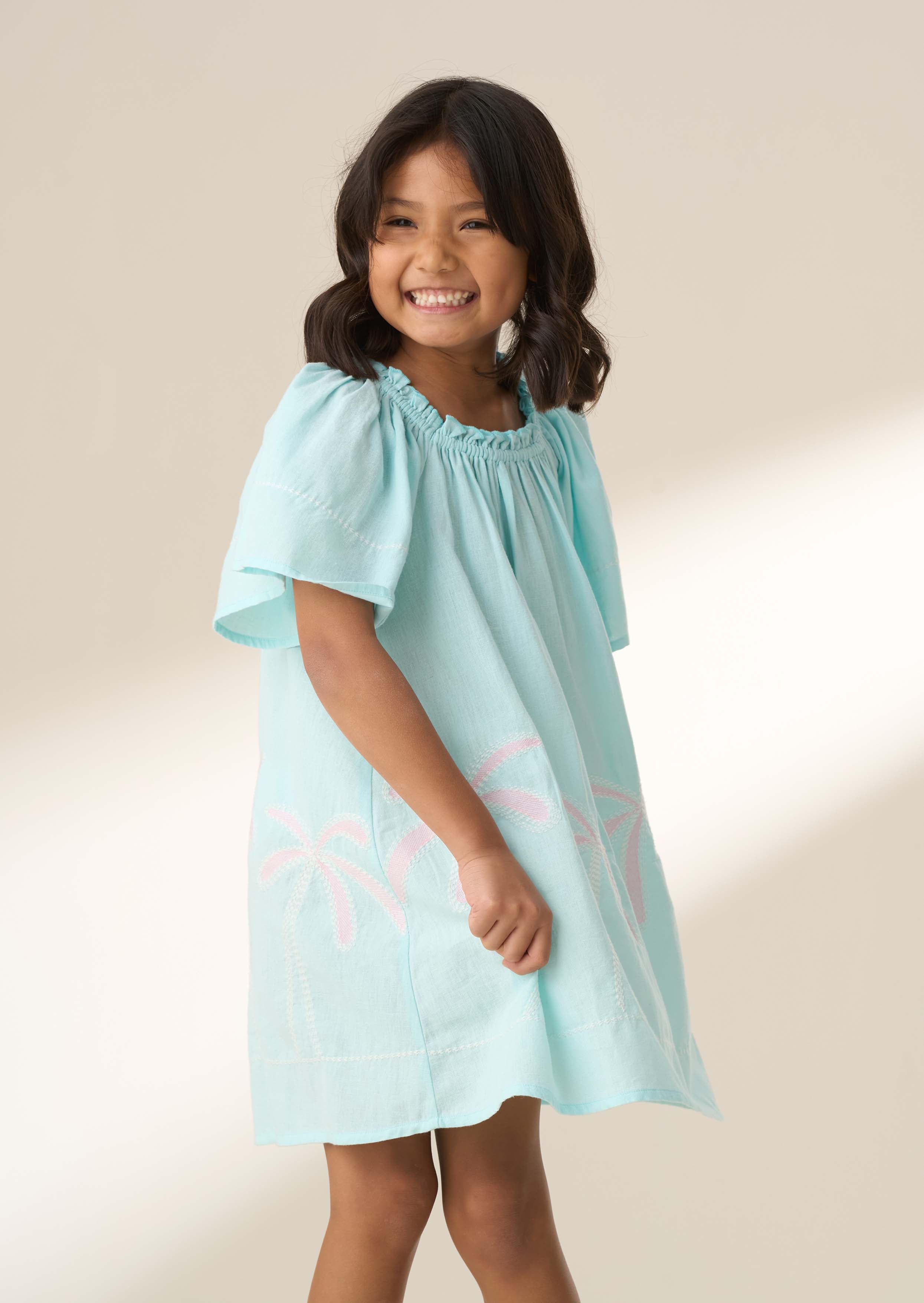 Midi Girl Paloma Blue Embroidered Hem Swing Dress