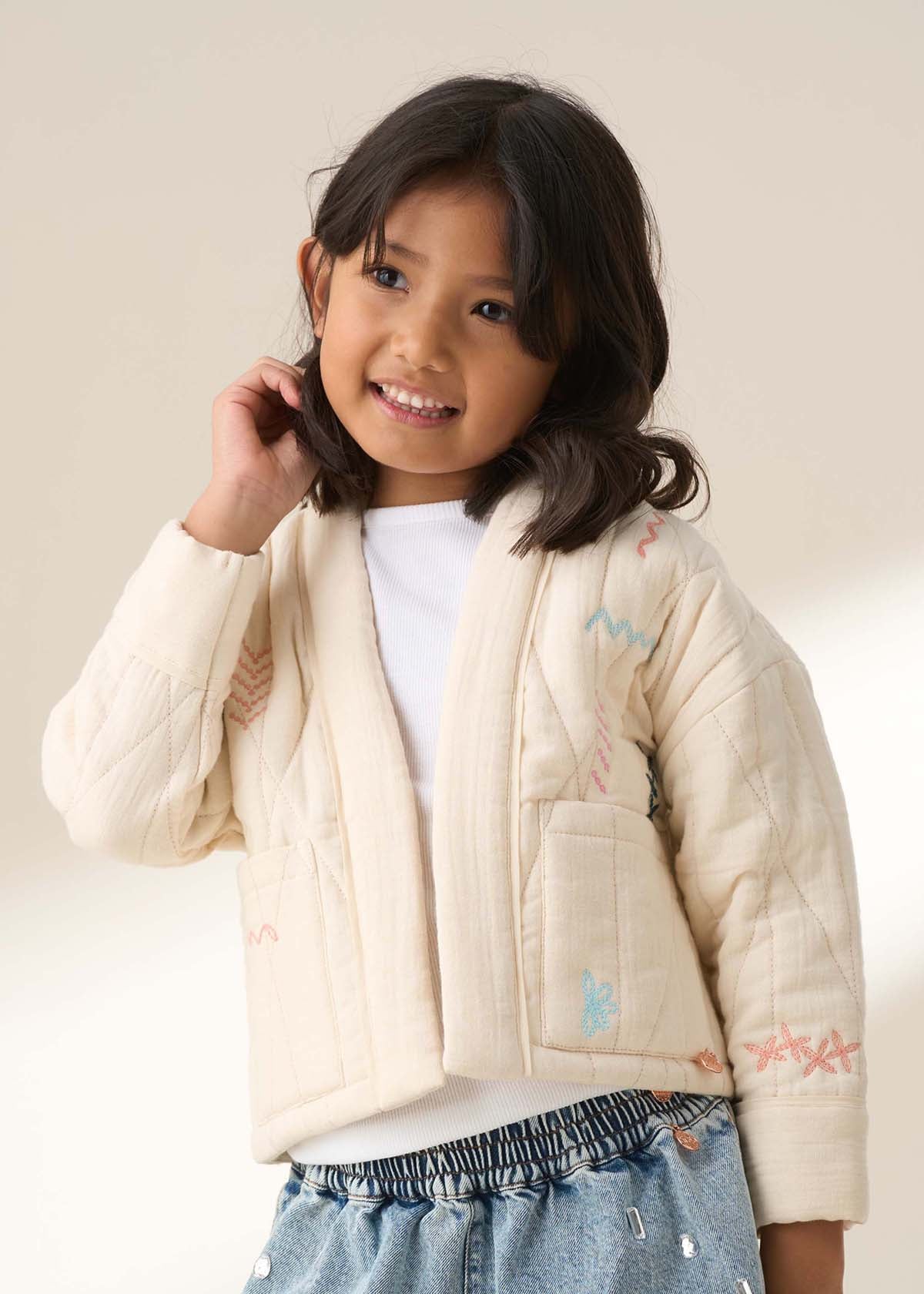 Girl Ivory Quilted Embroidered Kimono Jacket