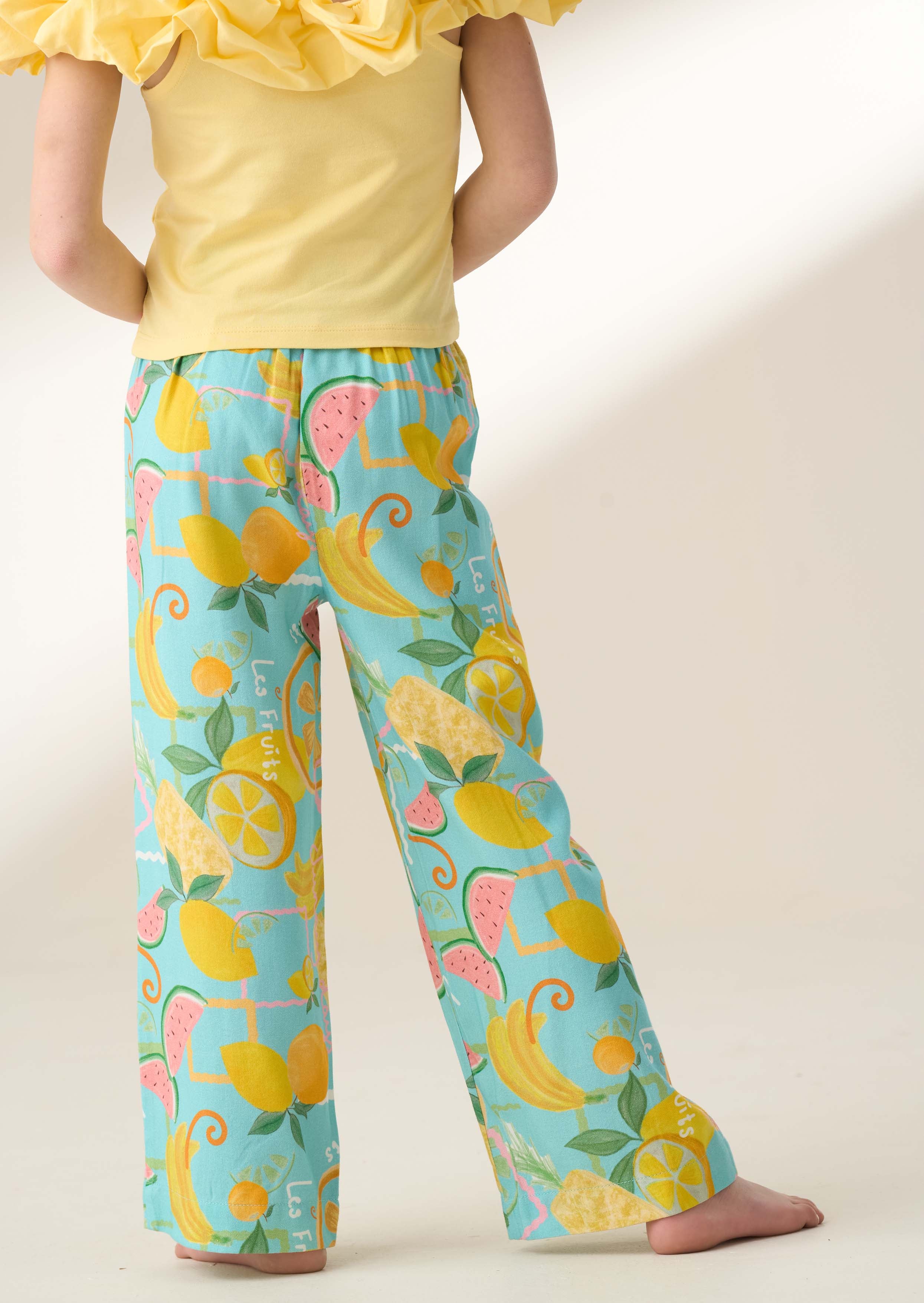 Wide Leg Girl Blue Fruit Print Trousers