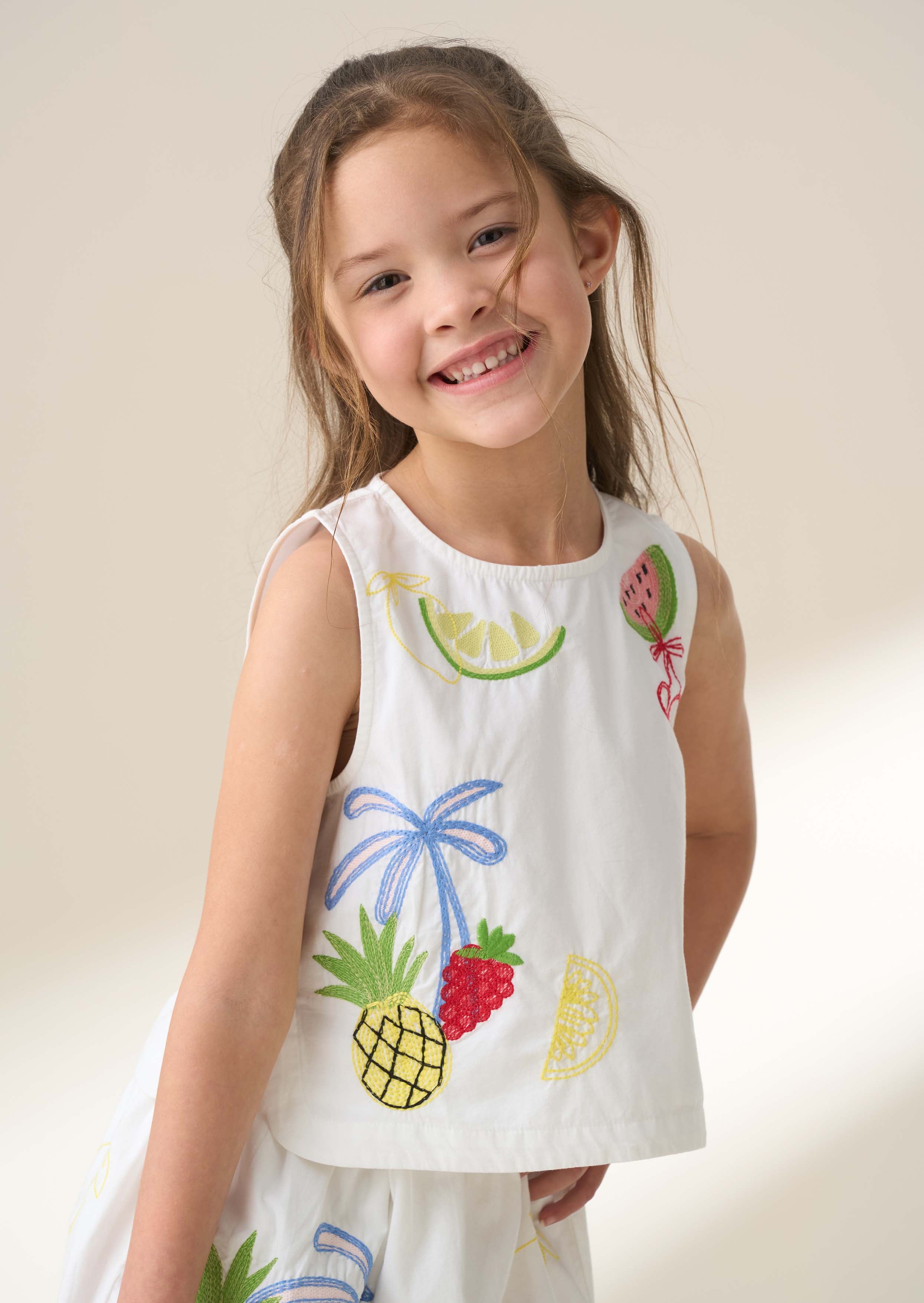 Sleeveless Girls White Embroidered Shell Top