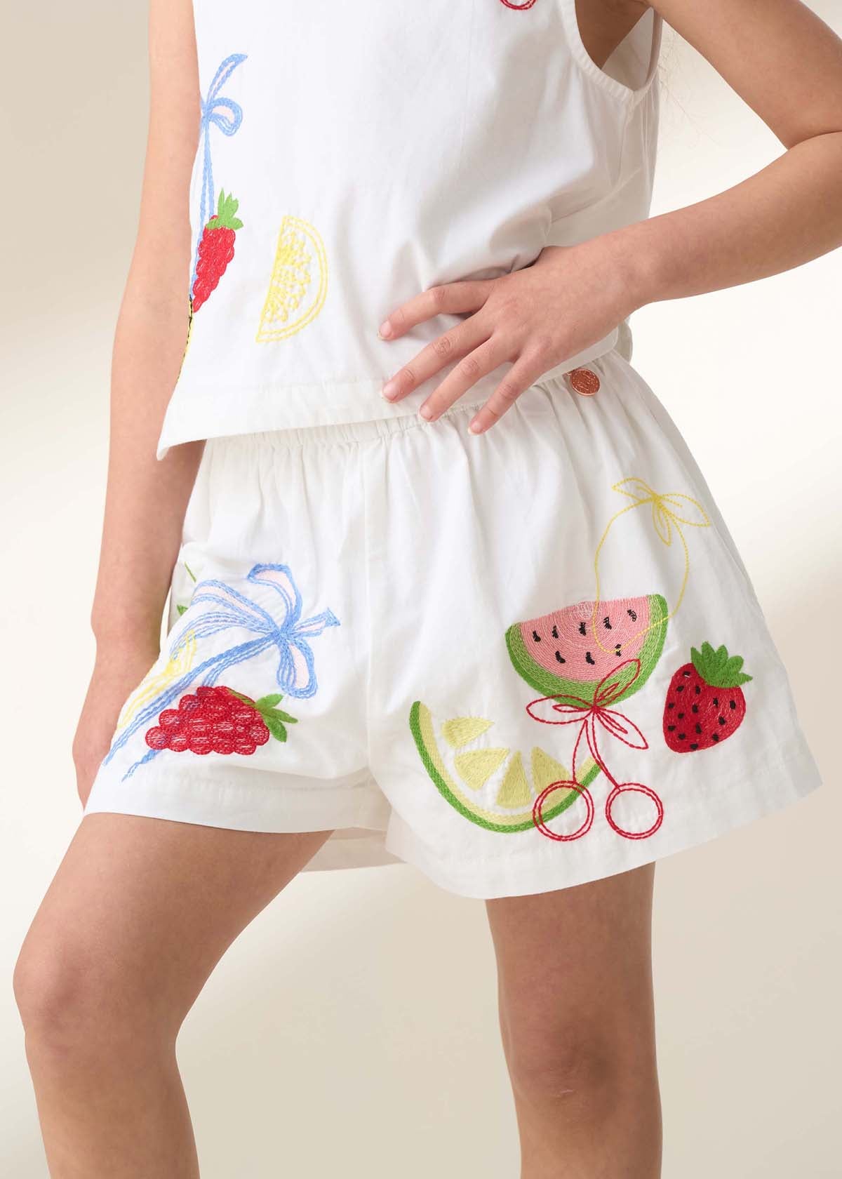 Girls White Embroidered Short