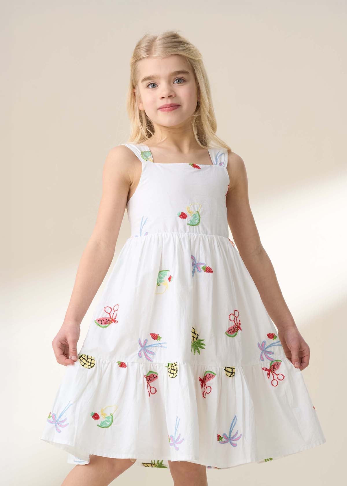 Girl White Embroidered Fruit Dress