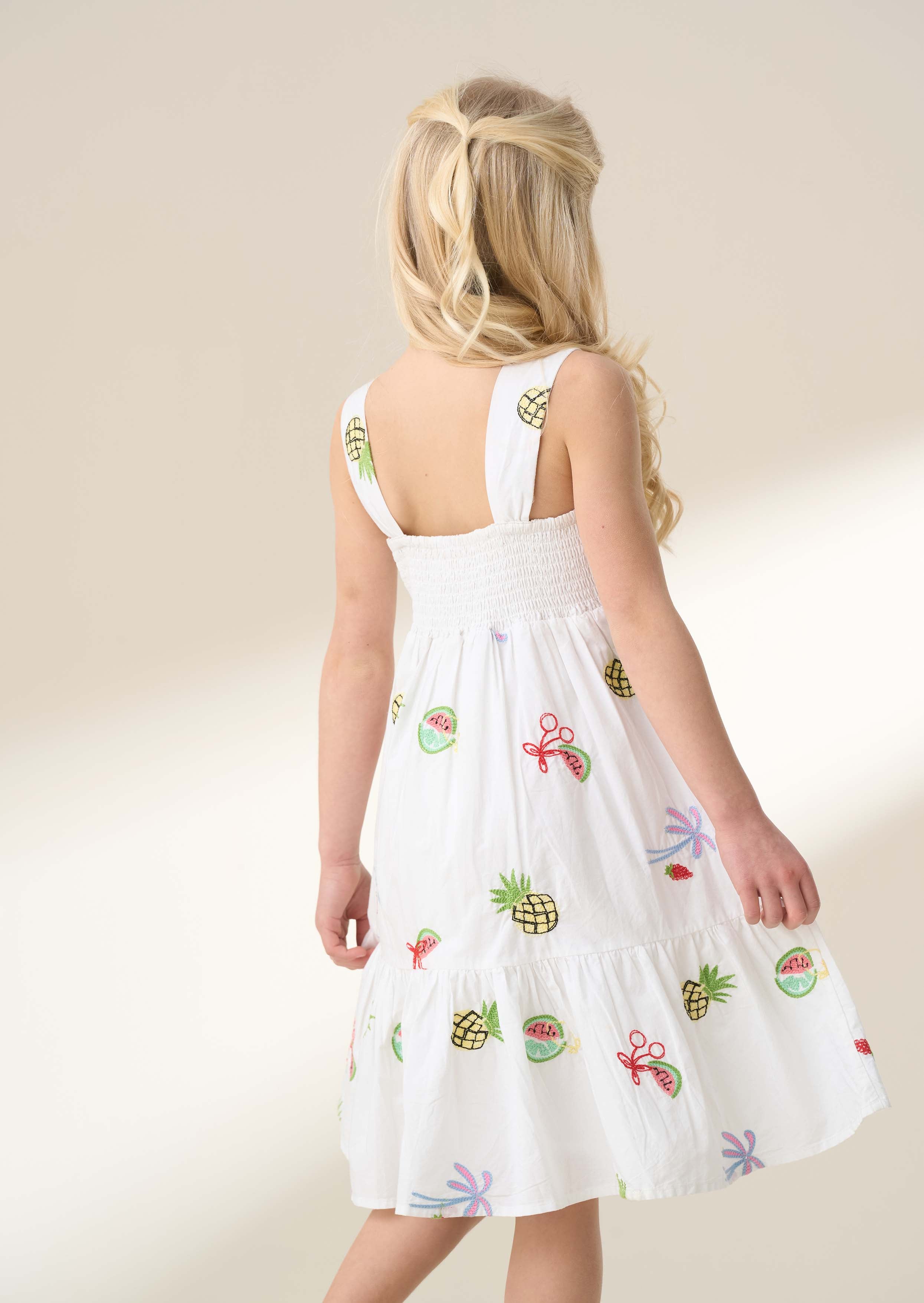 Mini Girl White Embroidered Fruit Dress