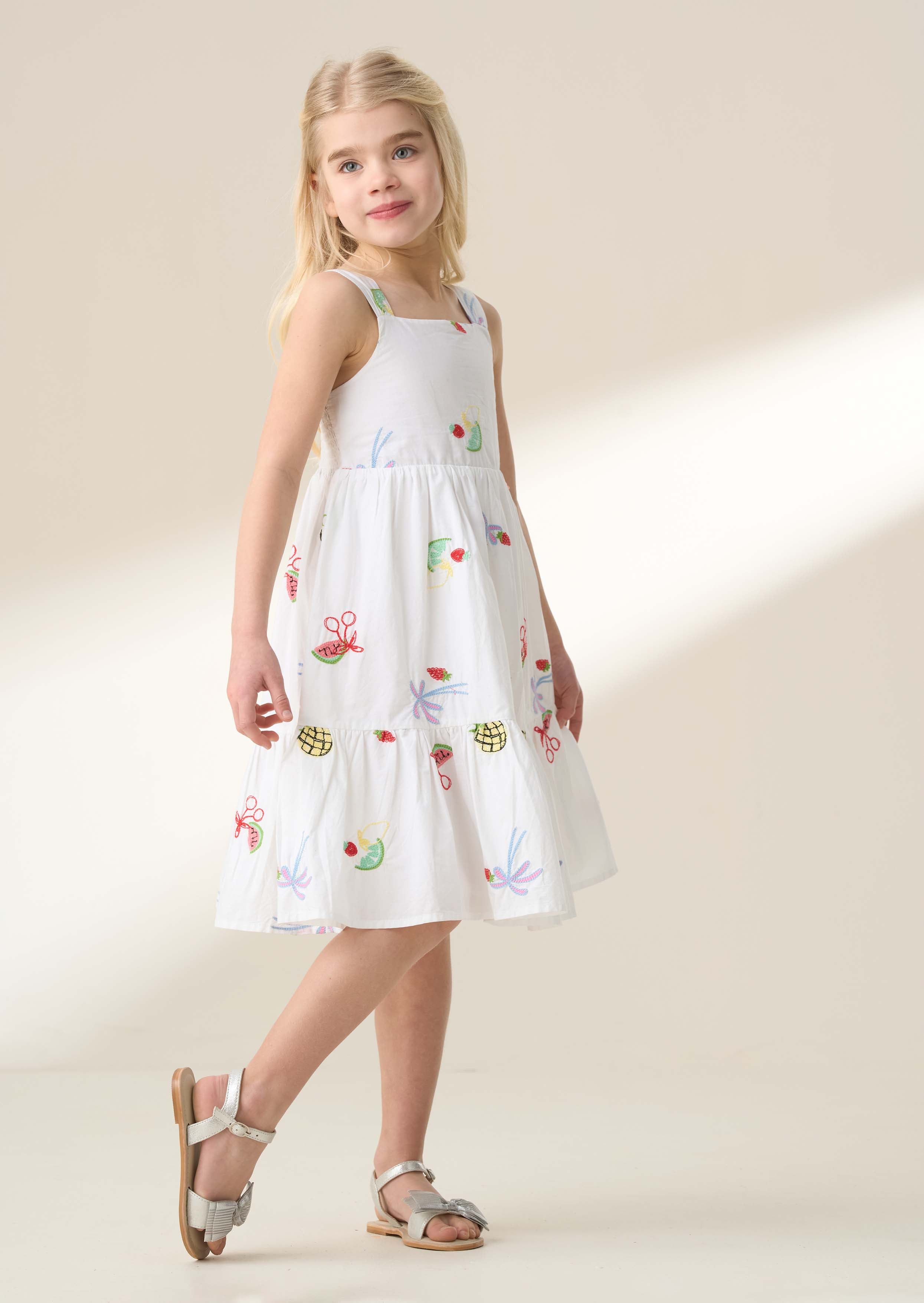 Maxi Girl White Embroidered Fruit Dress