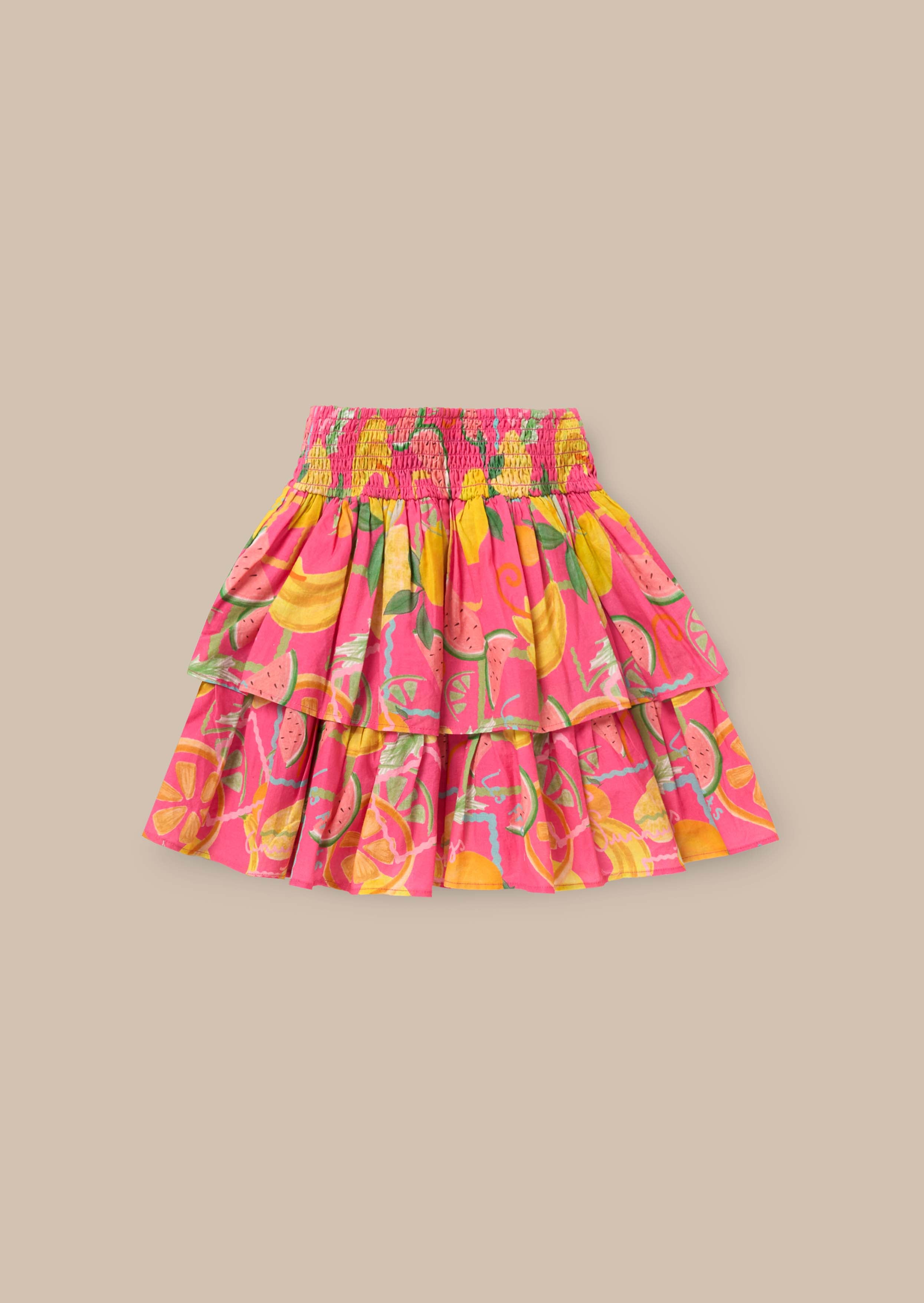Eliana Pink Tiered Fruit Print Skirt