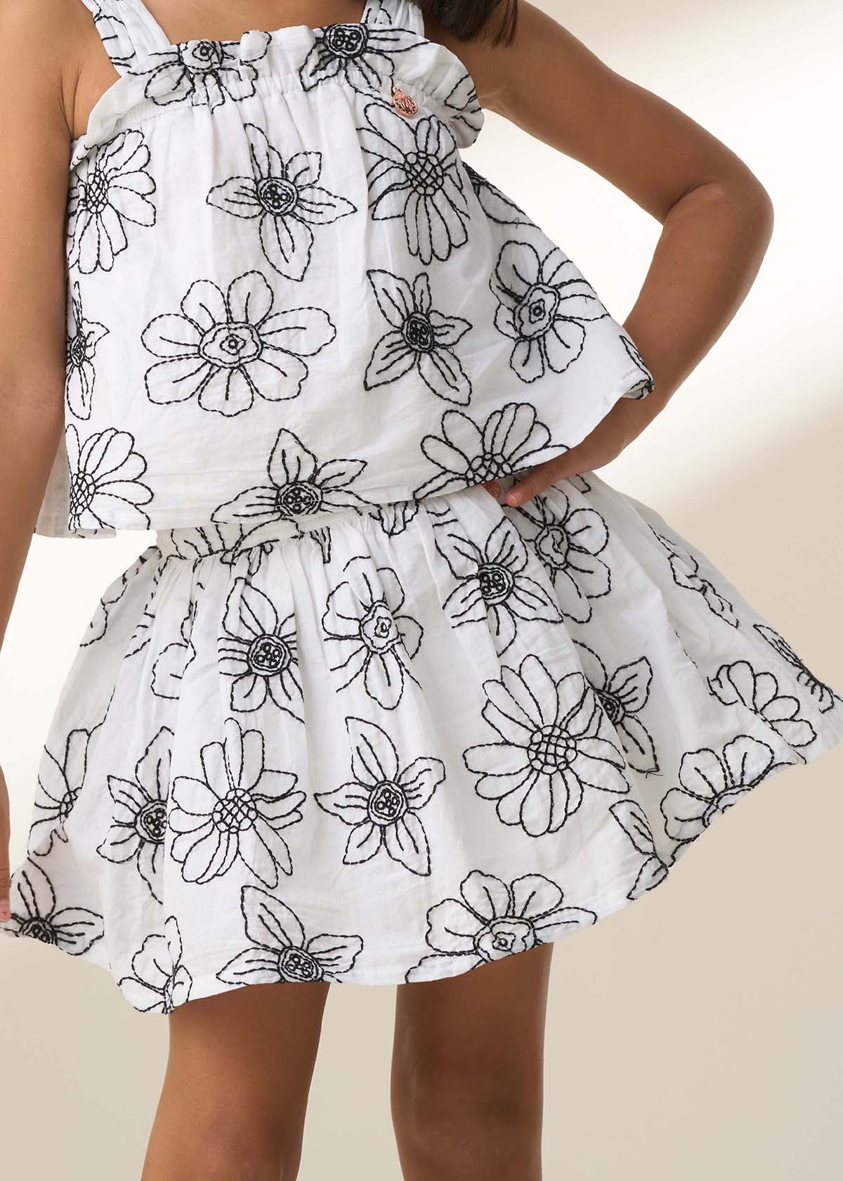 Girl White Embroidered Woven Skirt