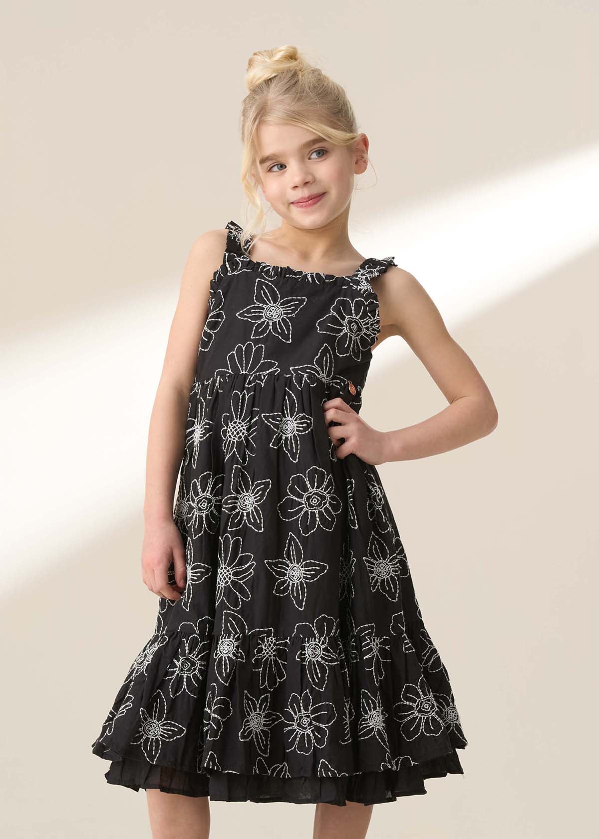 Girl Black Embroidered Woven Dress