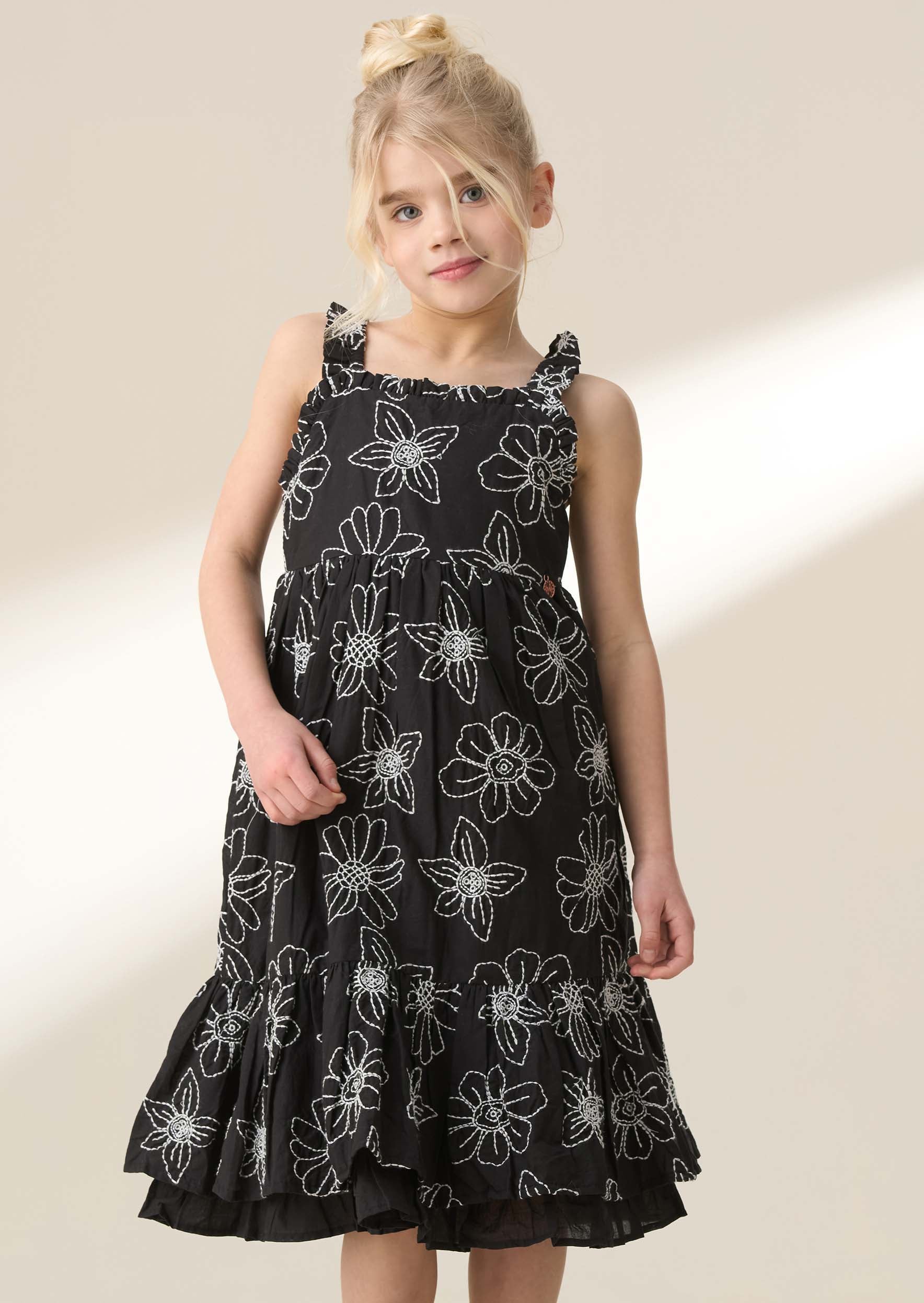 Midi Girl Black Embroidered Woven Dress