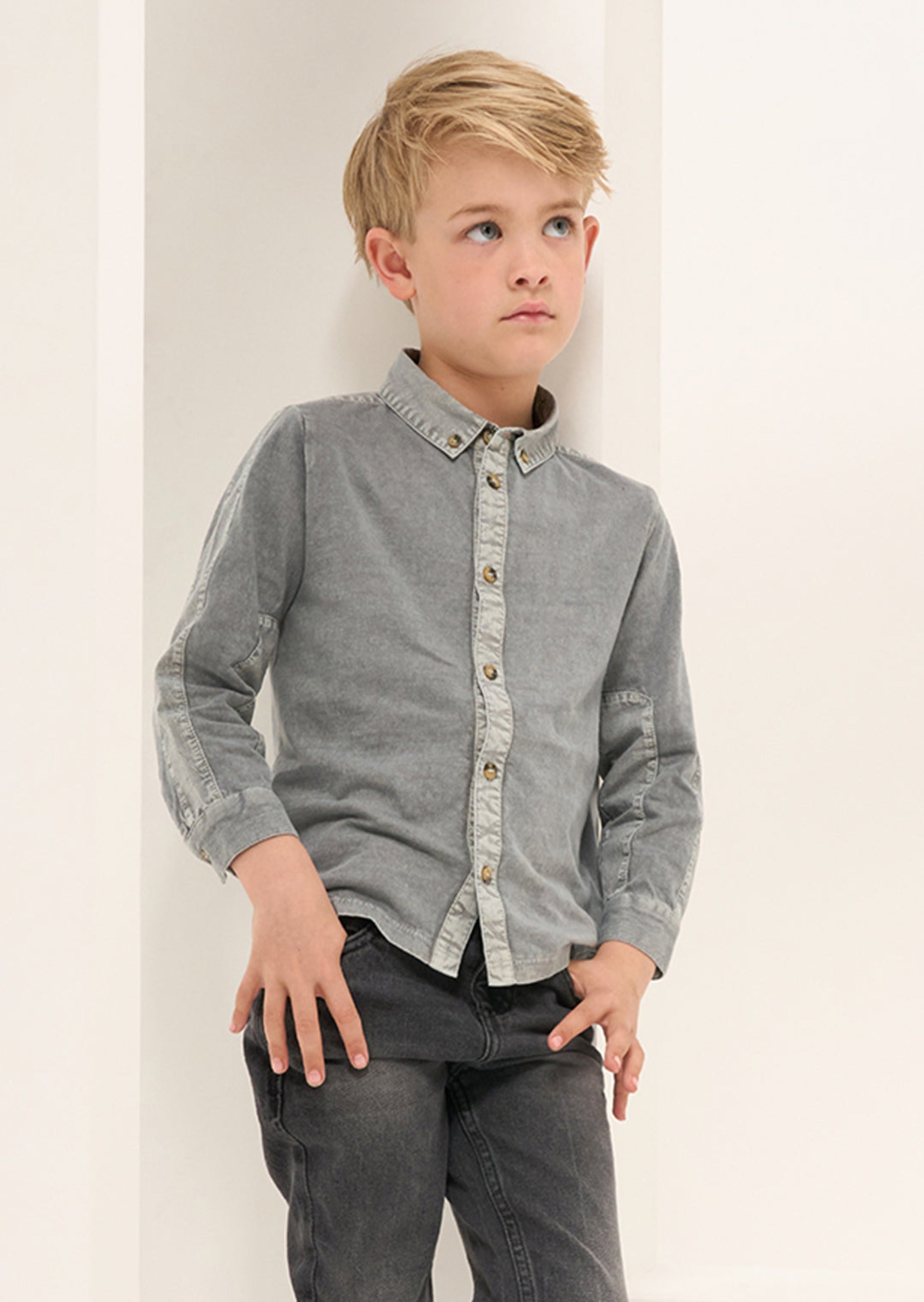 Boys Self Textured Full Sleeves Cotton Grey Shirt