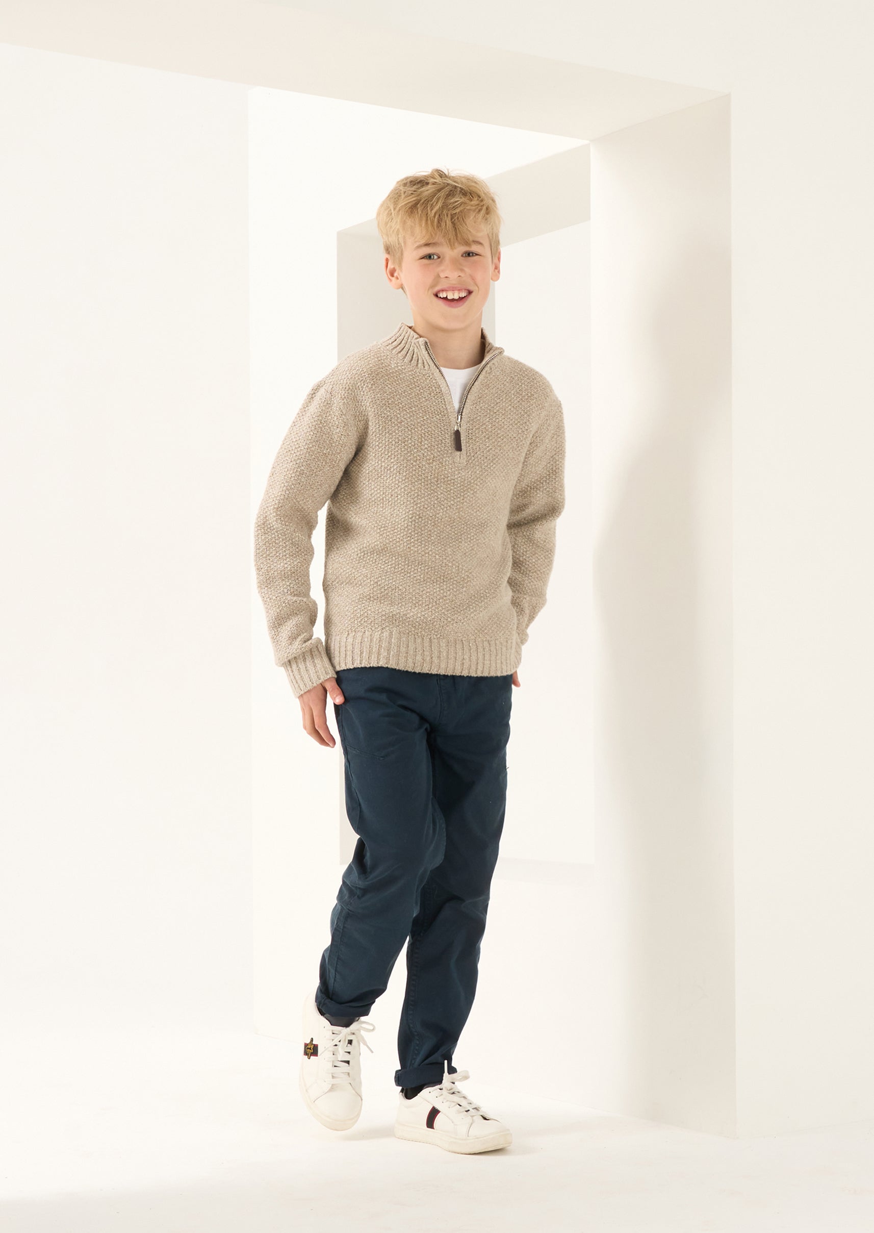 Boys Self Textured Beige Zip Funnel Knit Sweater