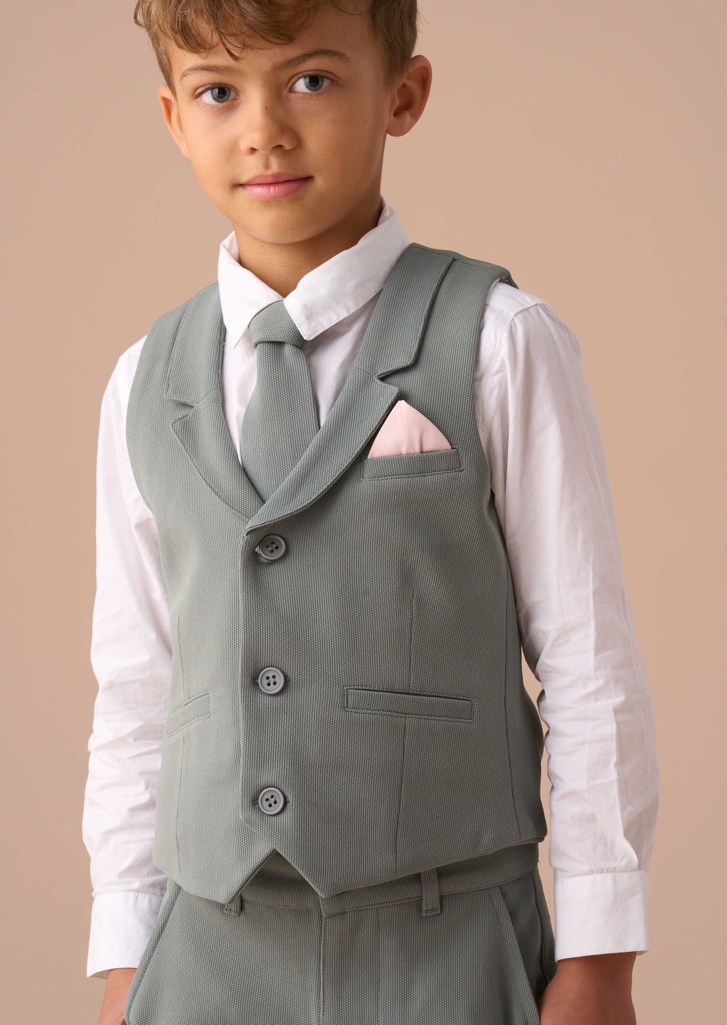 Button Down Boys Green Smart Textured Waistcoat Set
