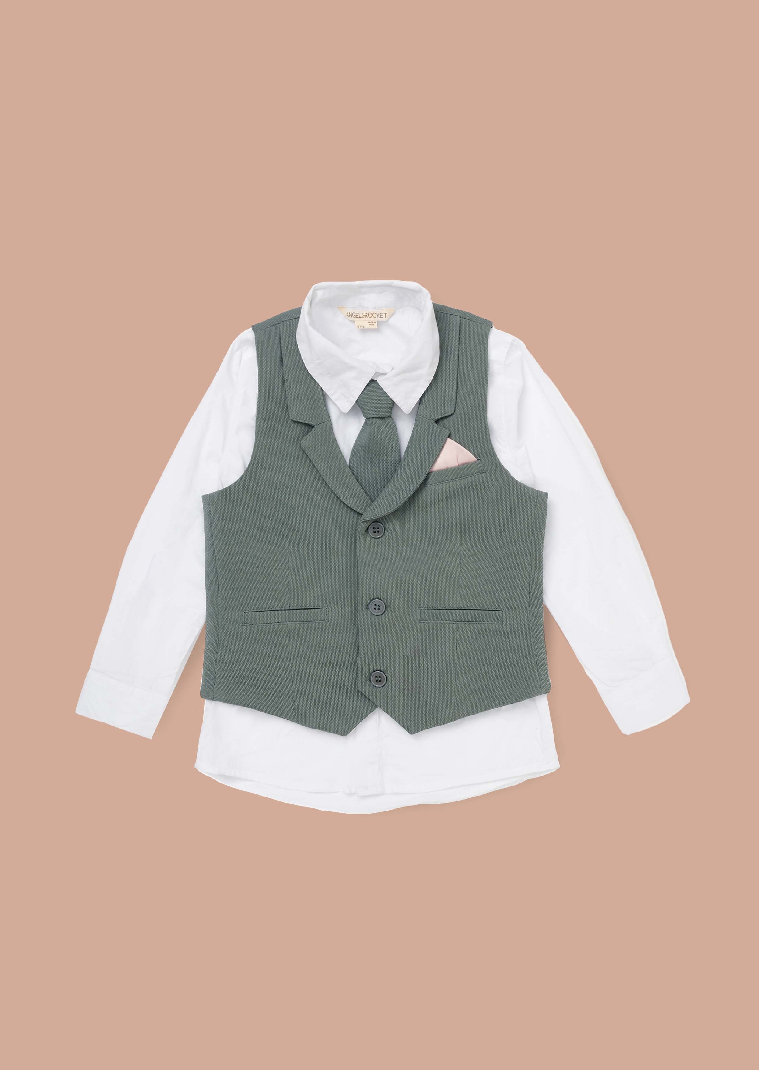 Solid Boys Green Smart Textured Waistcoat Set