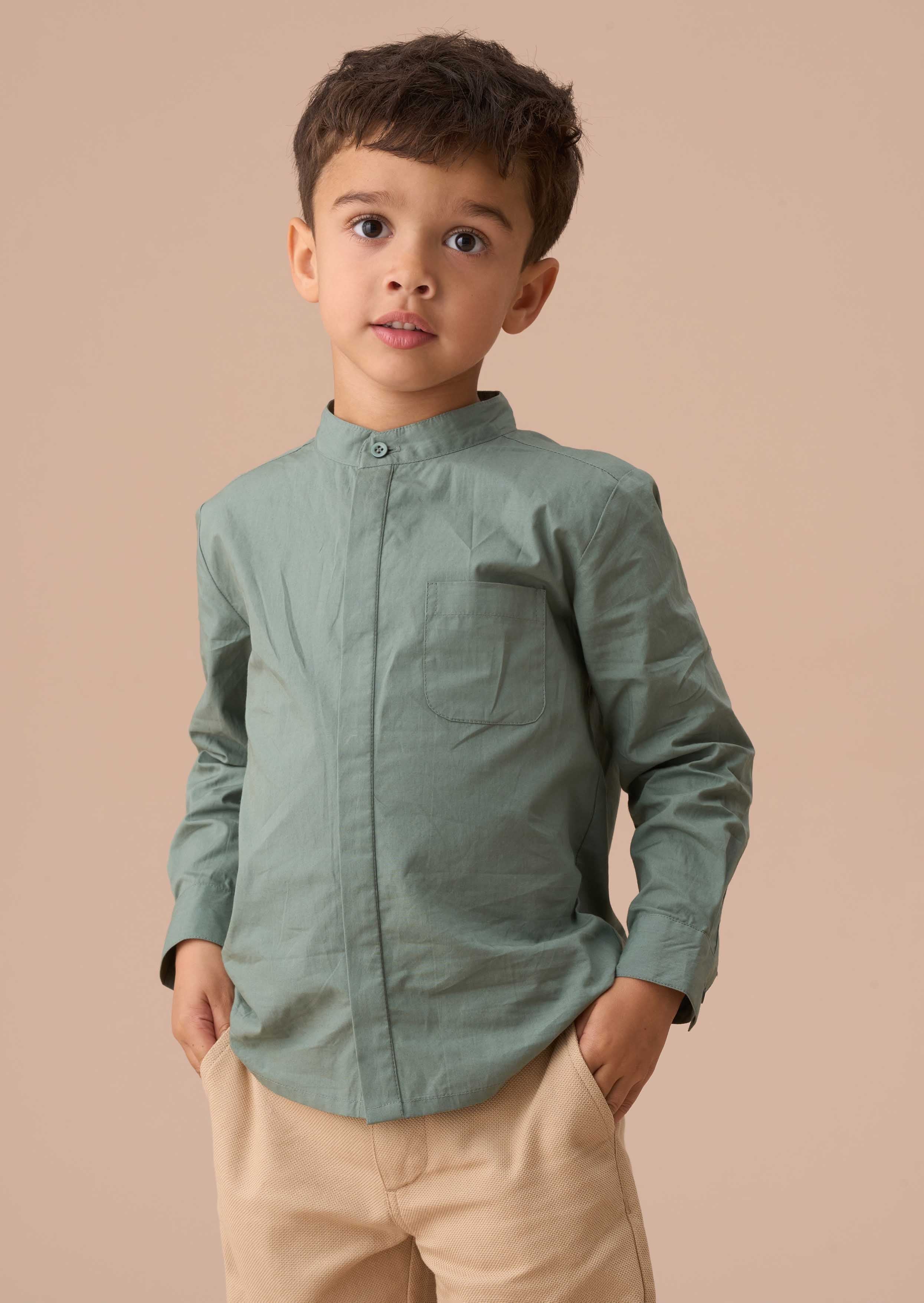 Boy Green Mandrin Collar Smart Shirt