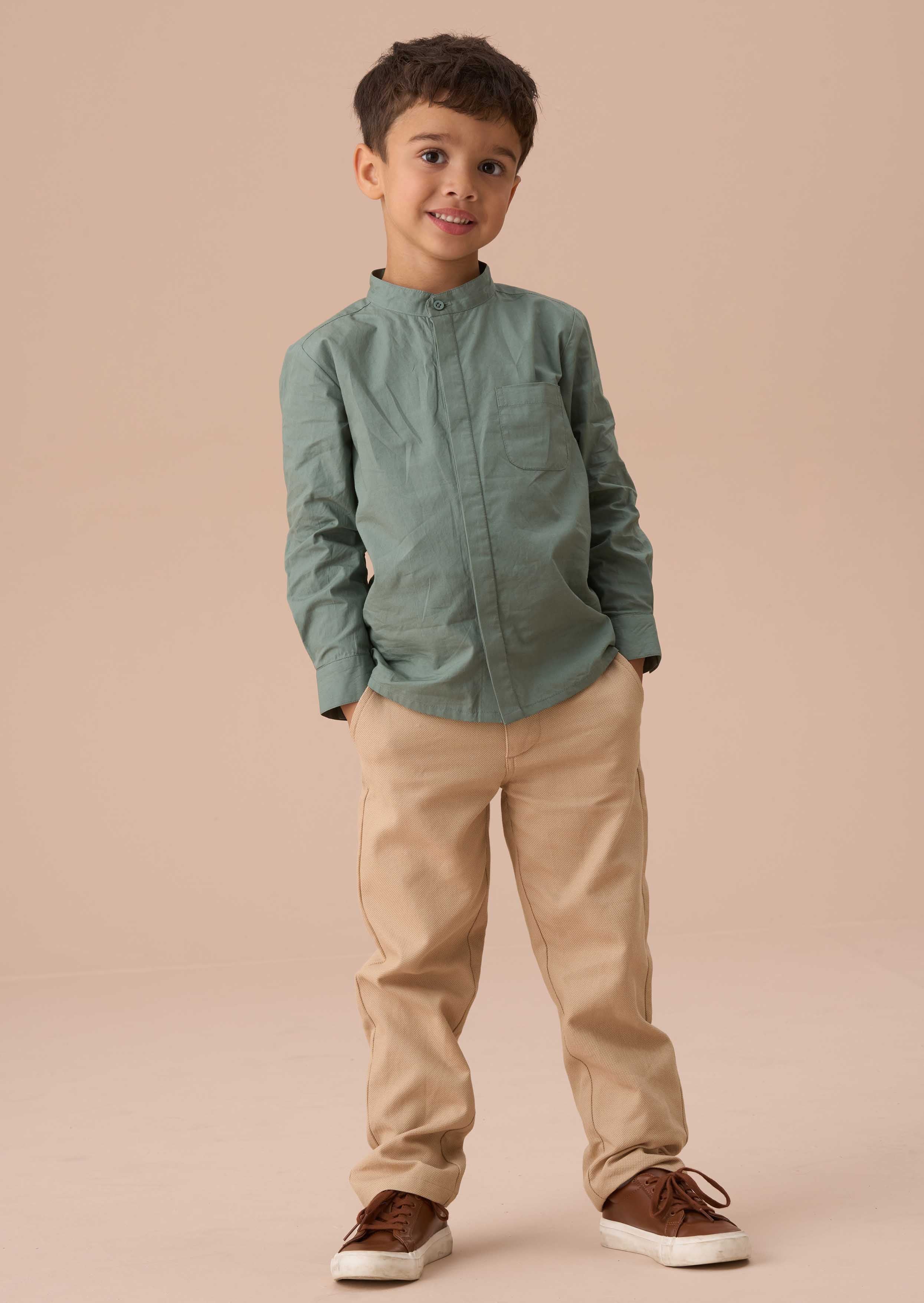 Long Sleeve Boy Green Mandarin Collar Smart Shirt