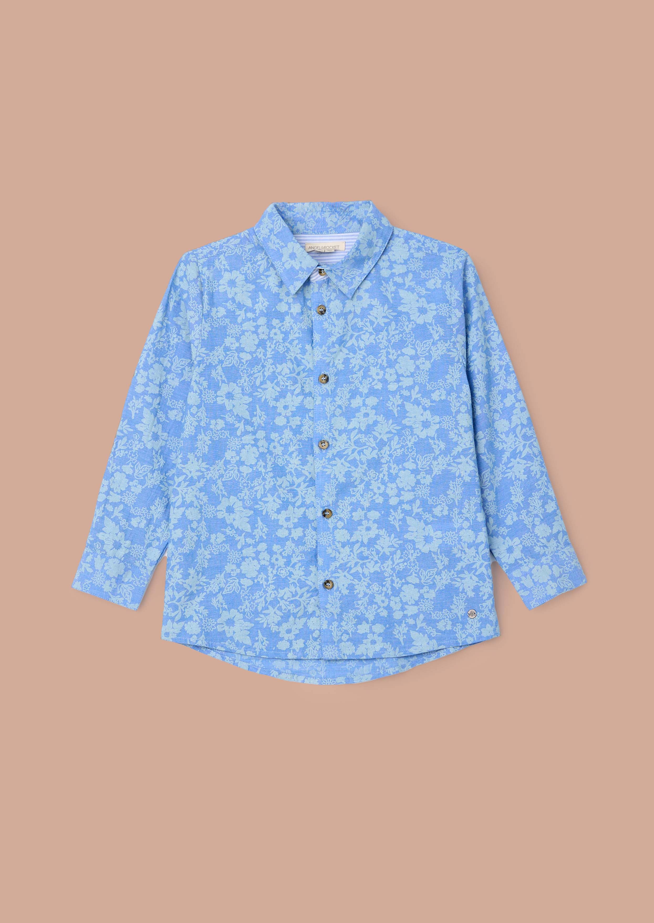 Cotton Blue Chambray Floral Printed Shirt