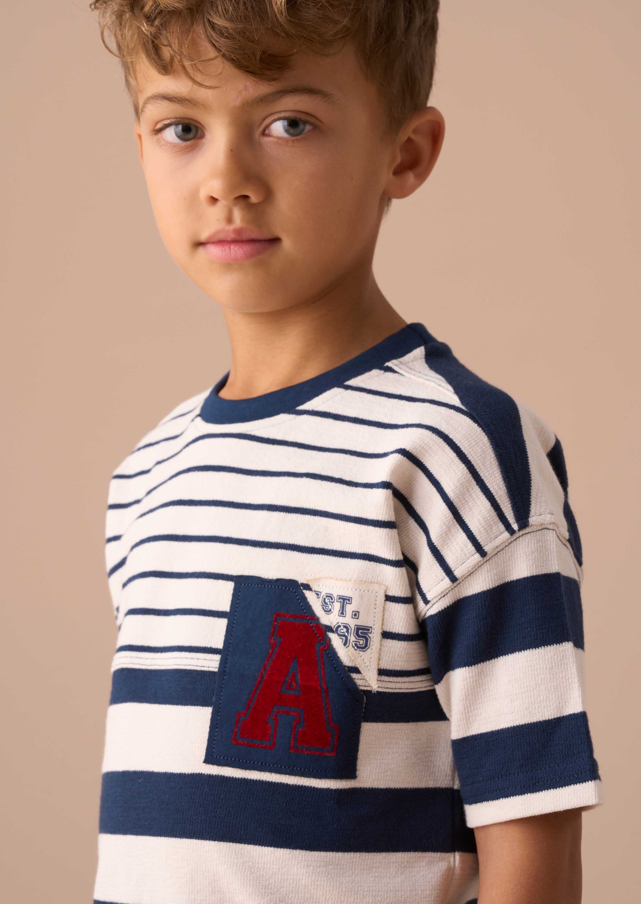 Cotton Blue Textured Stripe Block T Shirt