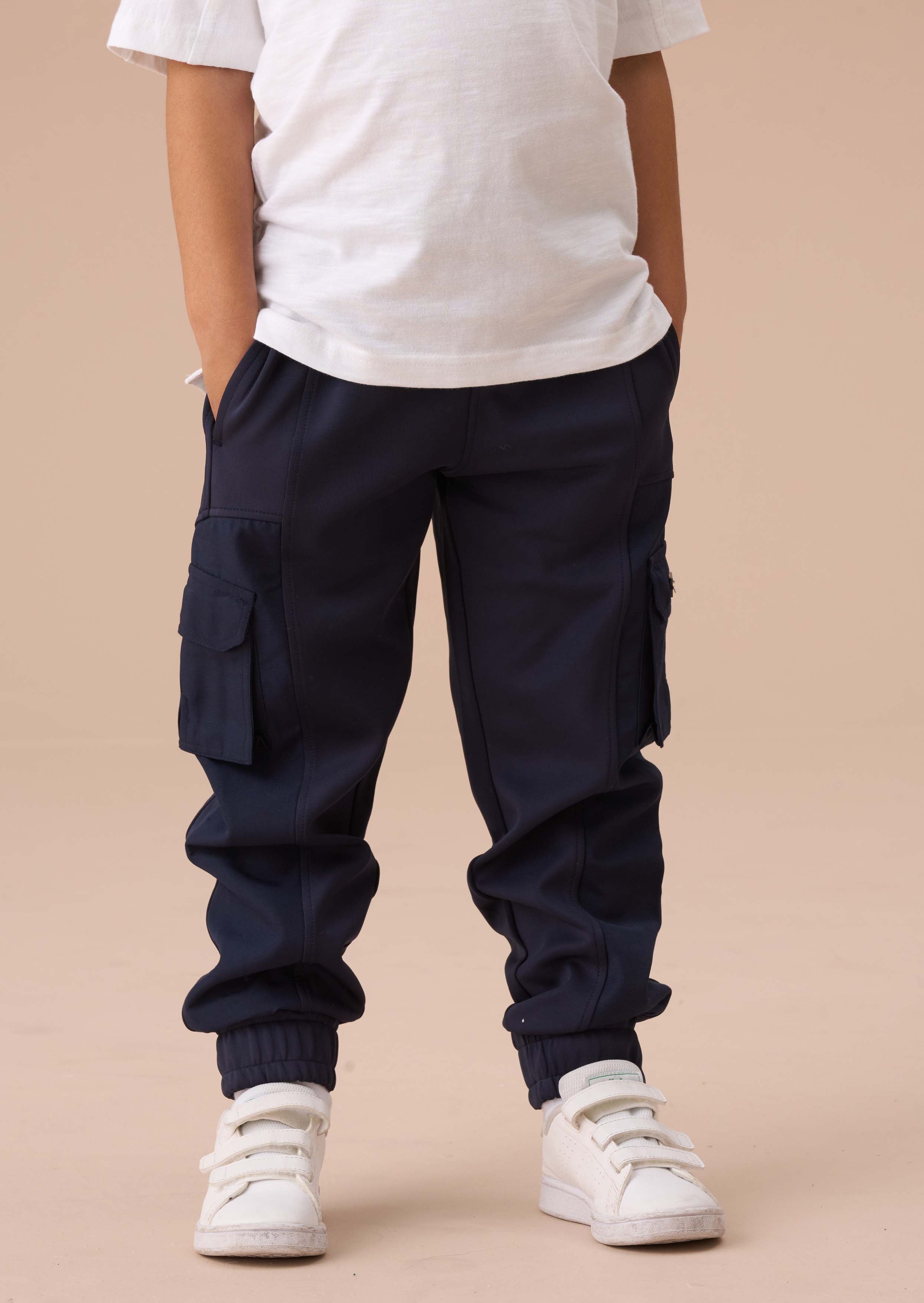 Boys Navy Panelled Mix Fabric Joggers
