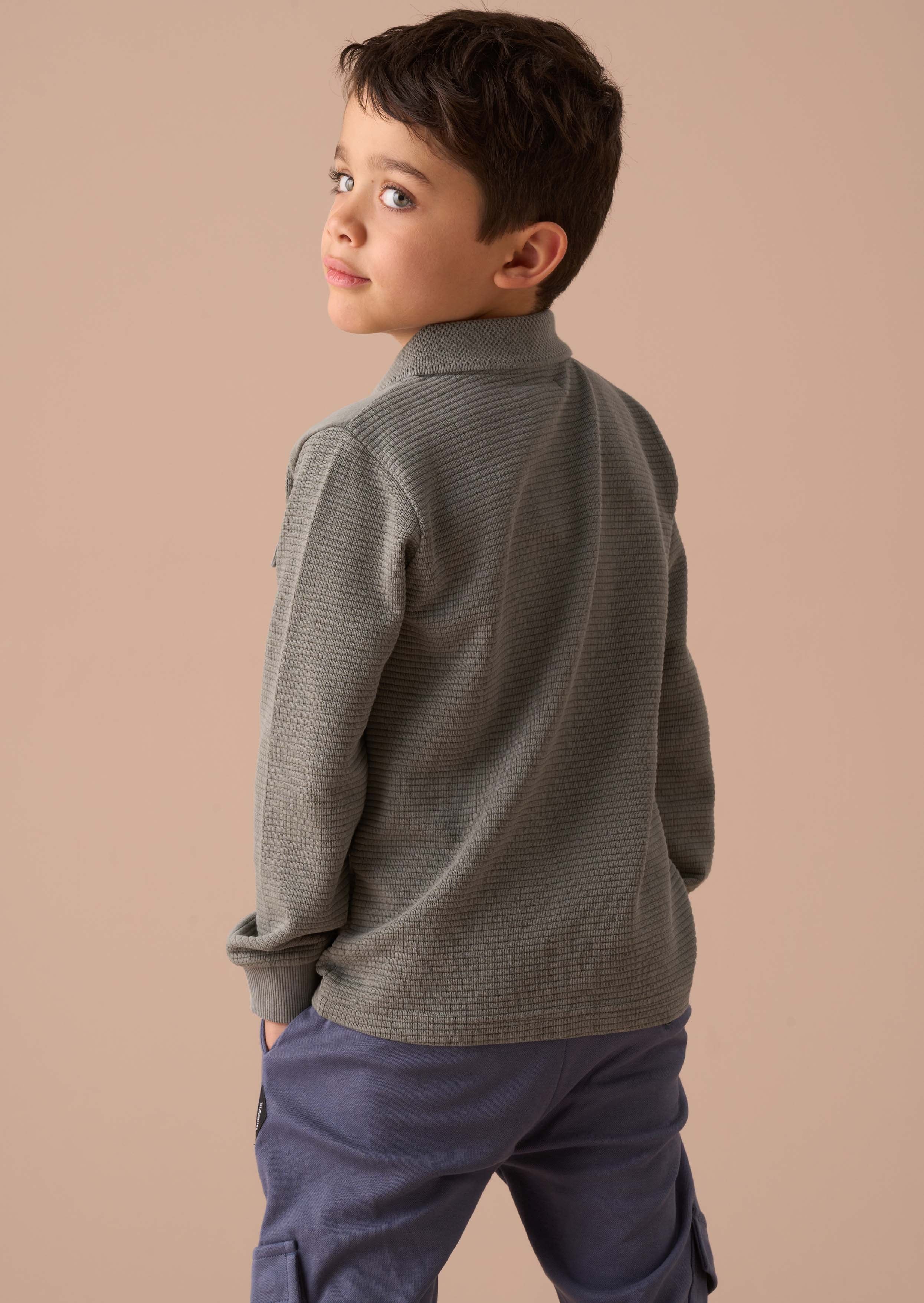 Long Sleeve Boy Green Textured Polo