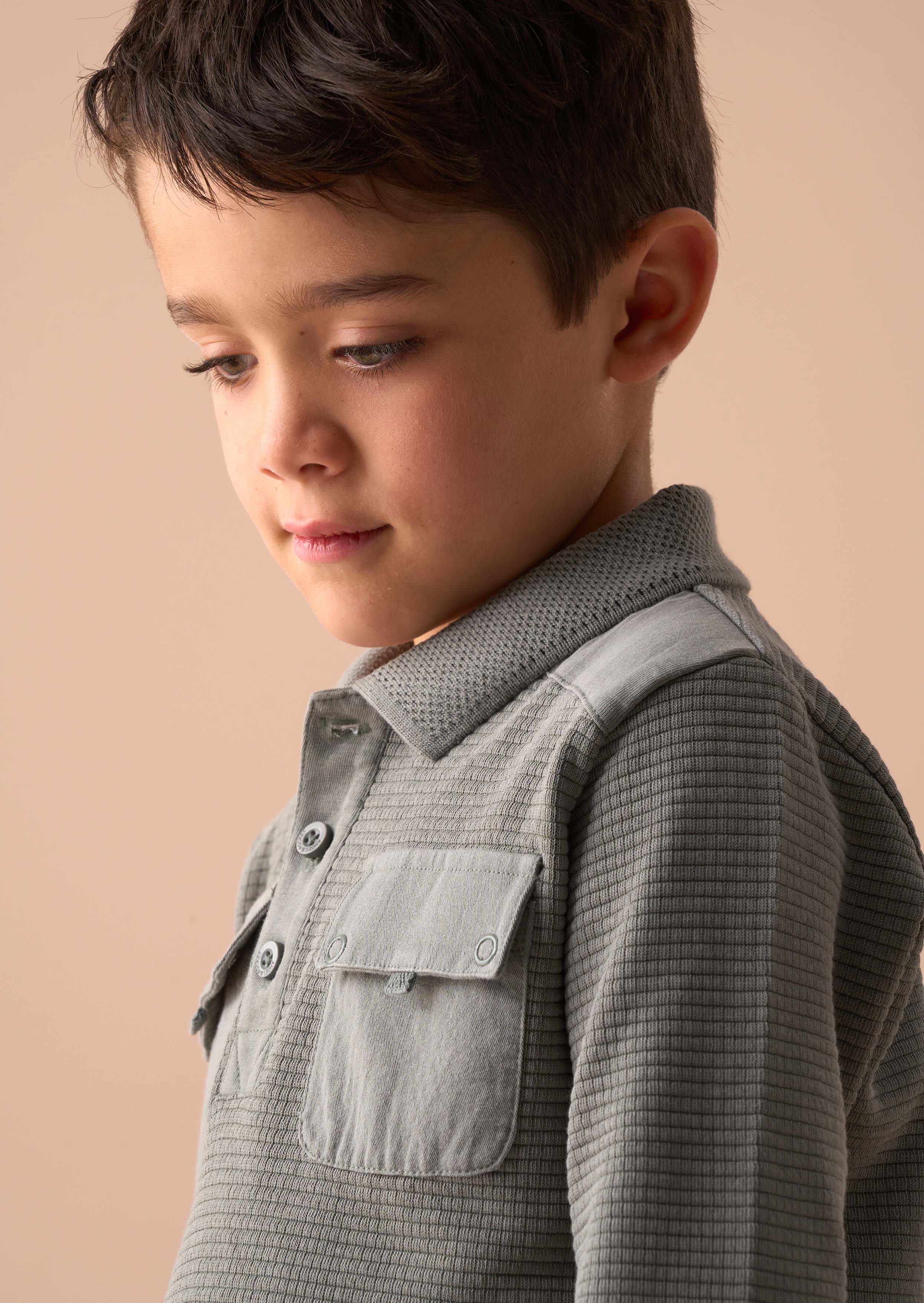 Online Boy Green Textured Long Sleeve Polo