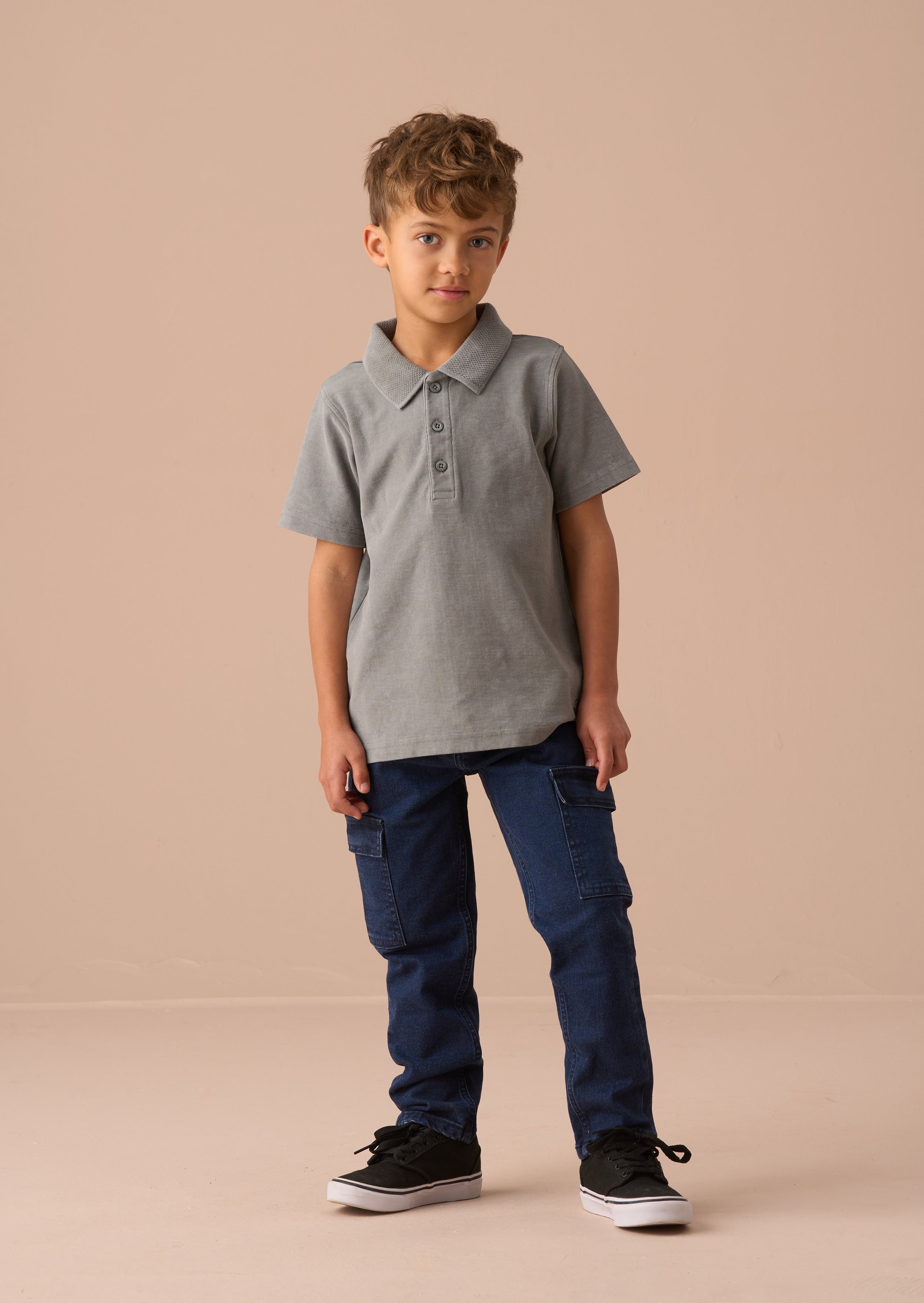 Cotton Polo Shirt Boys Green Washed Zip