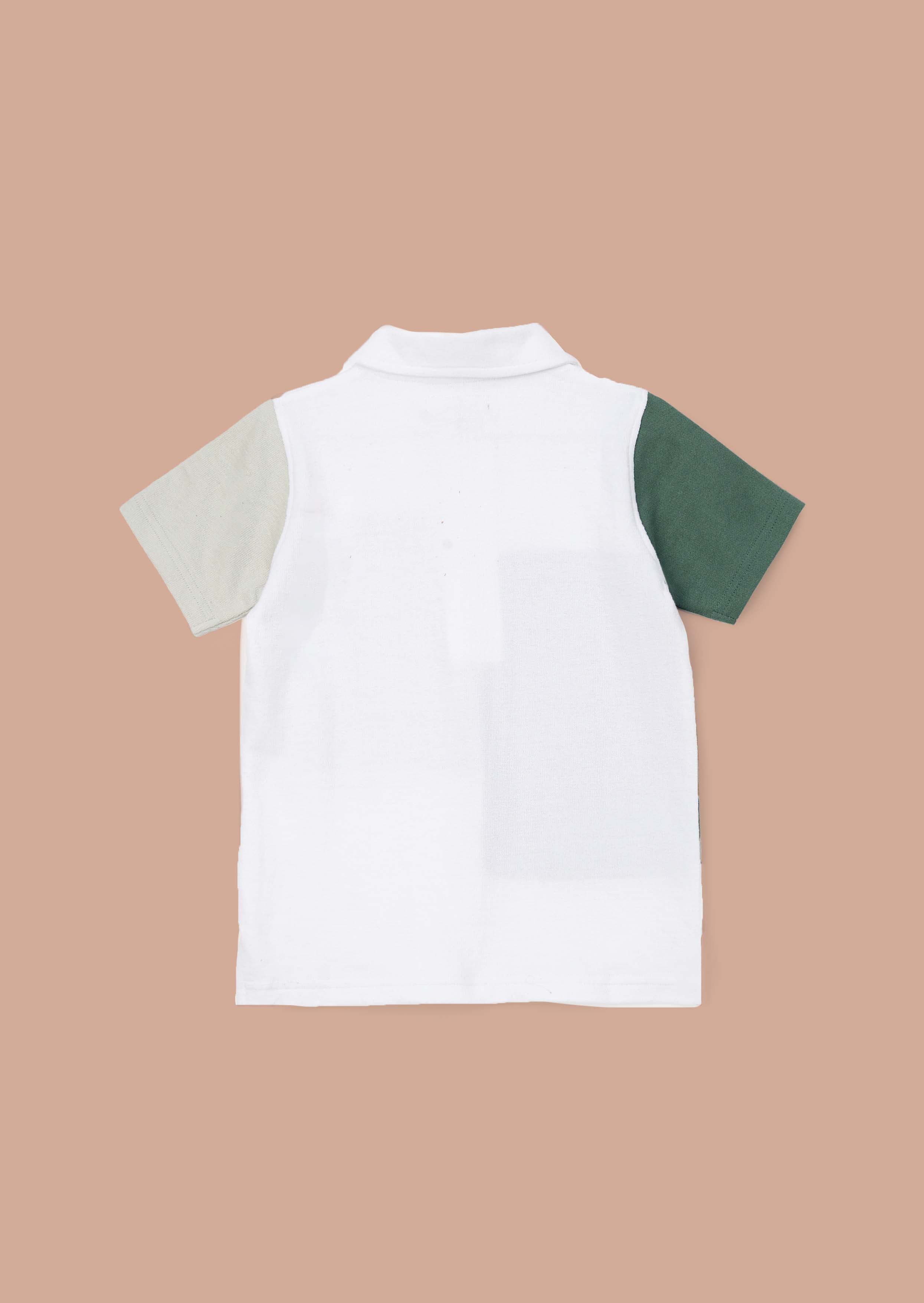 Half Sleeve White Textured Colour Block Polo
