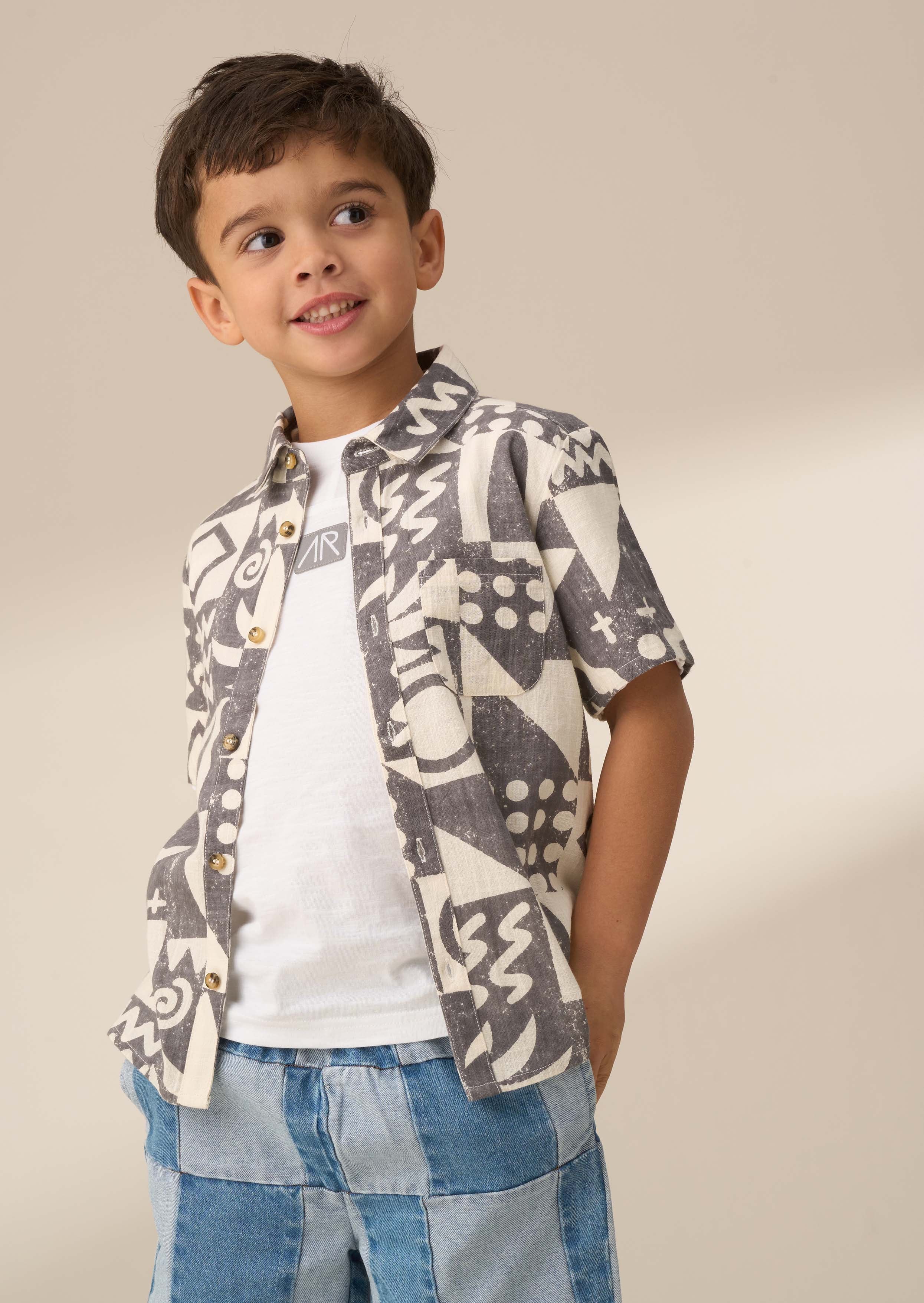 cotton boy black printed holiday shirt