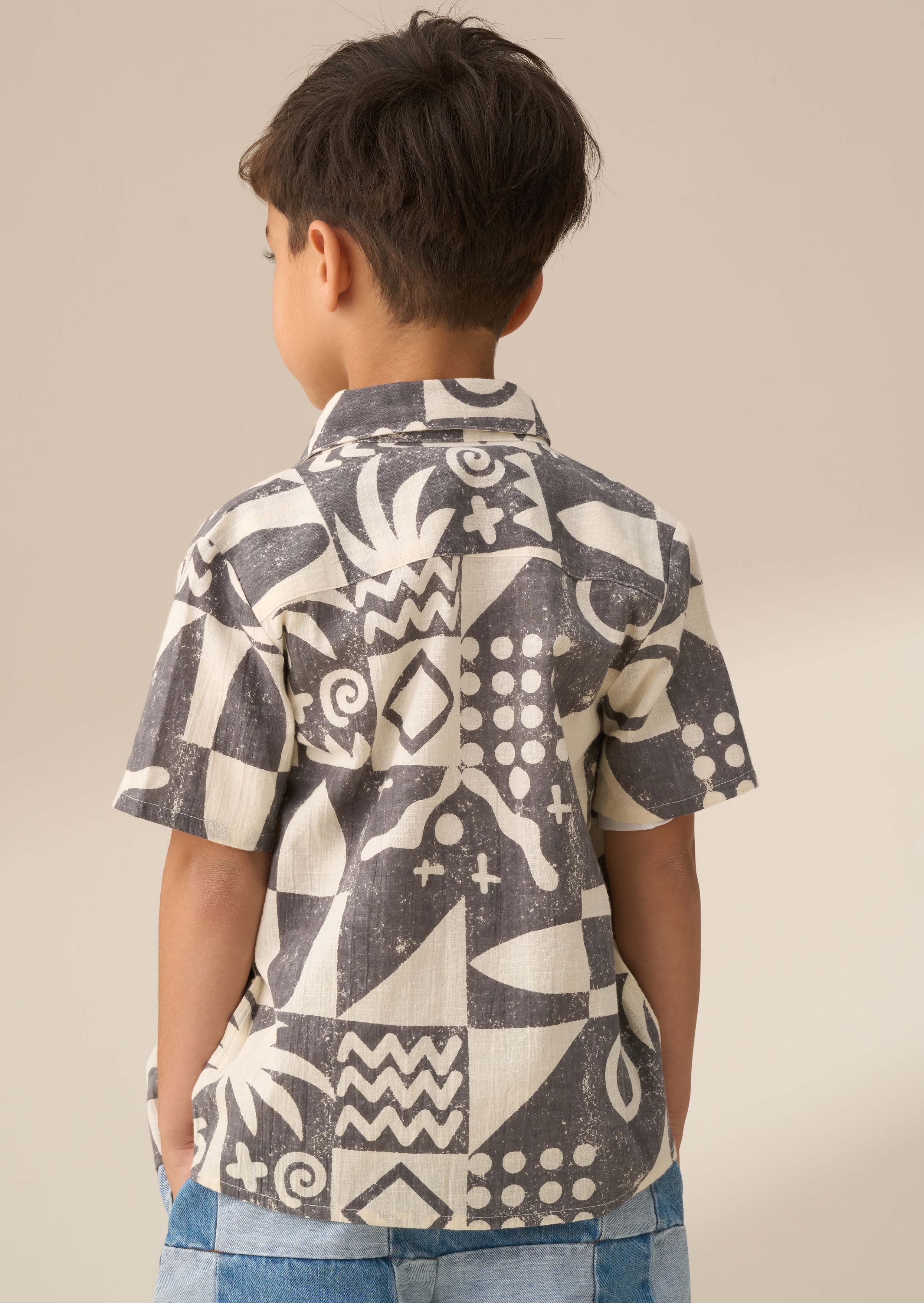 short sleeve boy black printed holiday shirt