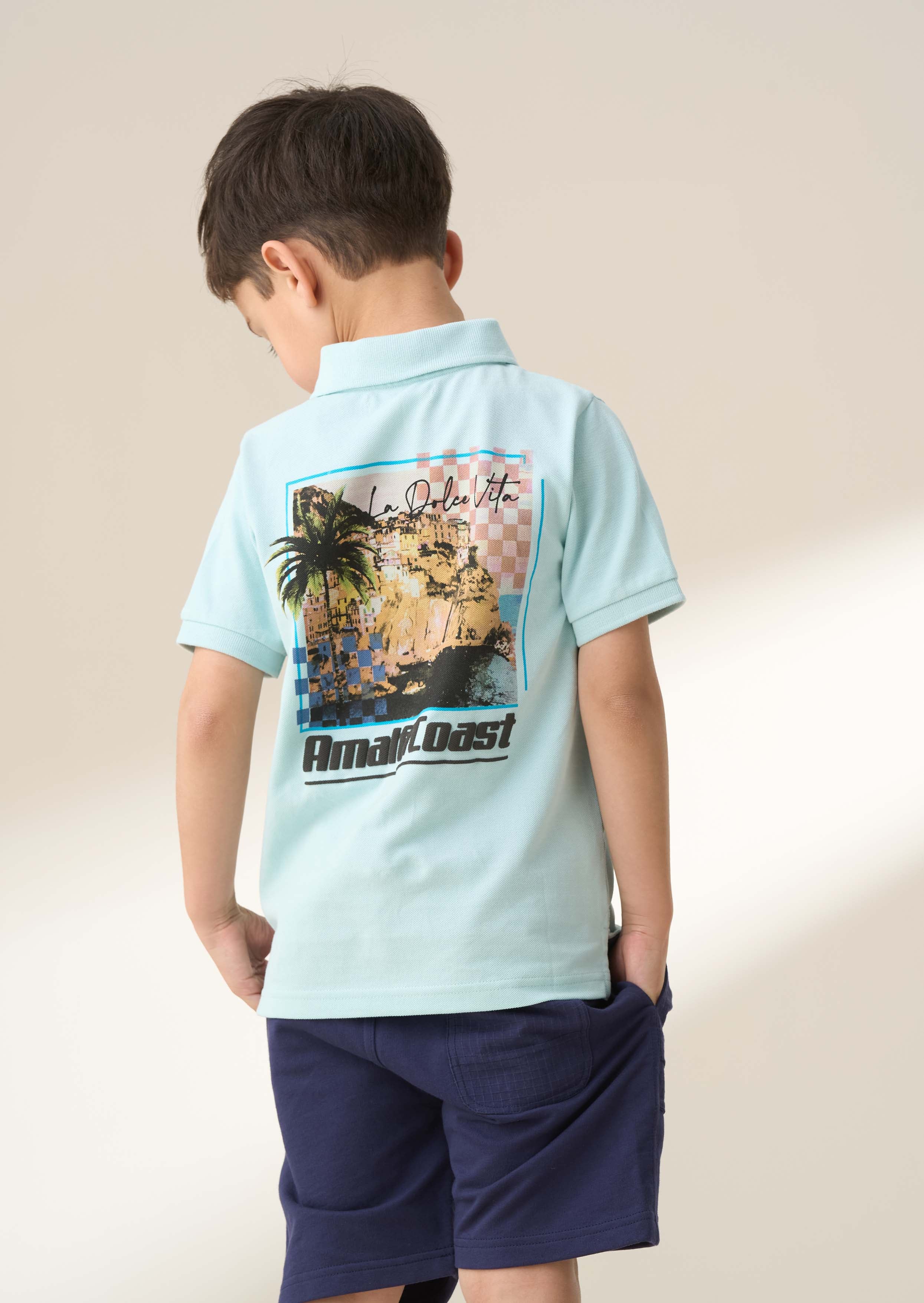 Cotton Blue Jersey Pique Back Print Polo