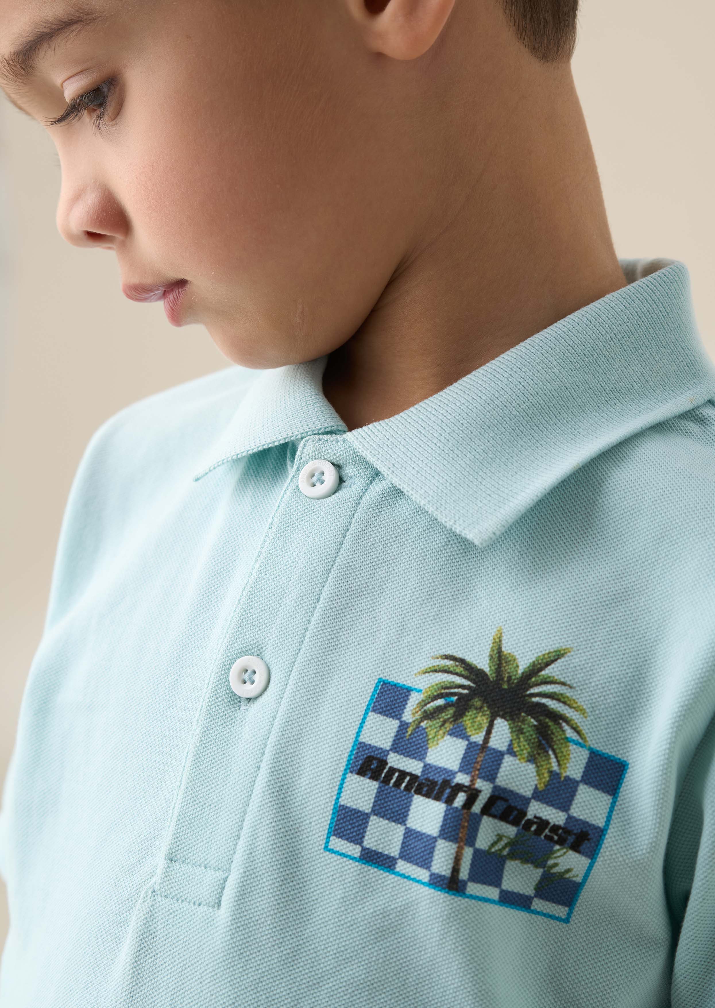 Short Sleeve Blue Jersey Pique Back Print Polo