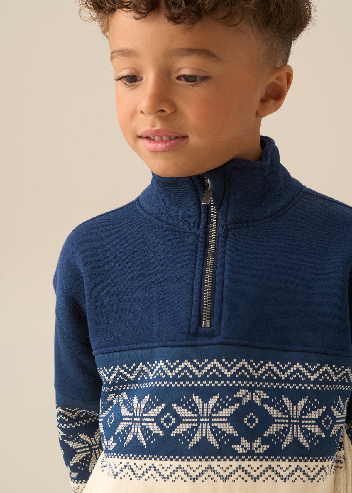 Ayden Zip Neck Fairisle Sweat - Stone